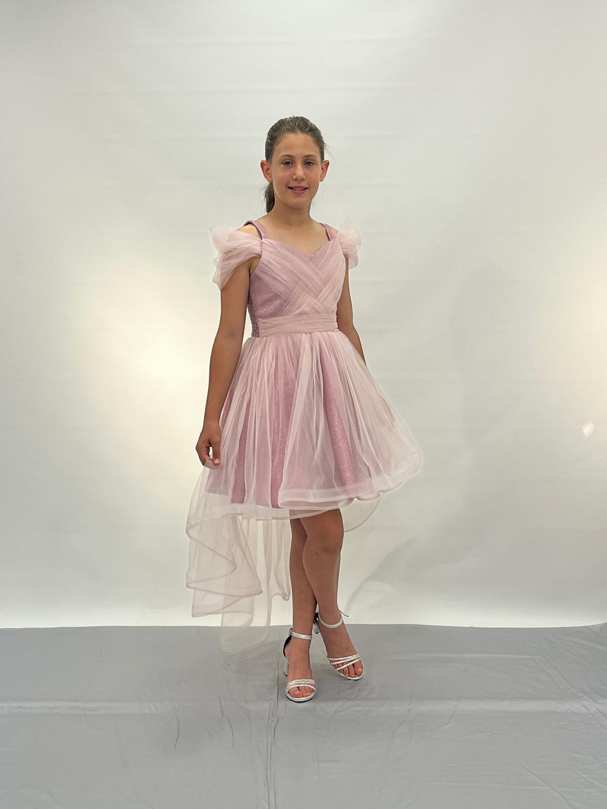 Kız Çocuk Abiye Pudra Askılı Düşük Kollu Kuyruklu Abiye Elbise 10-14 Yaş Yaş