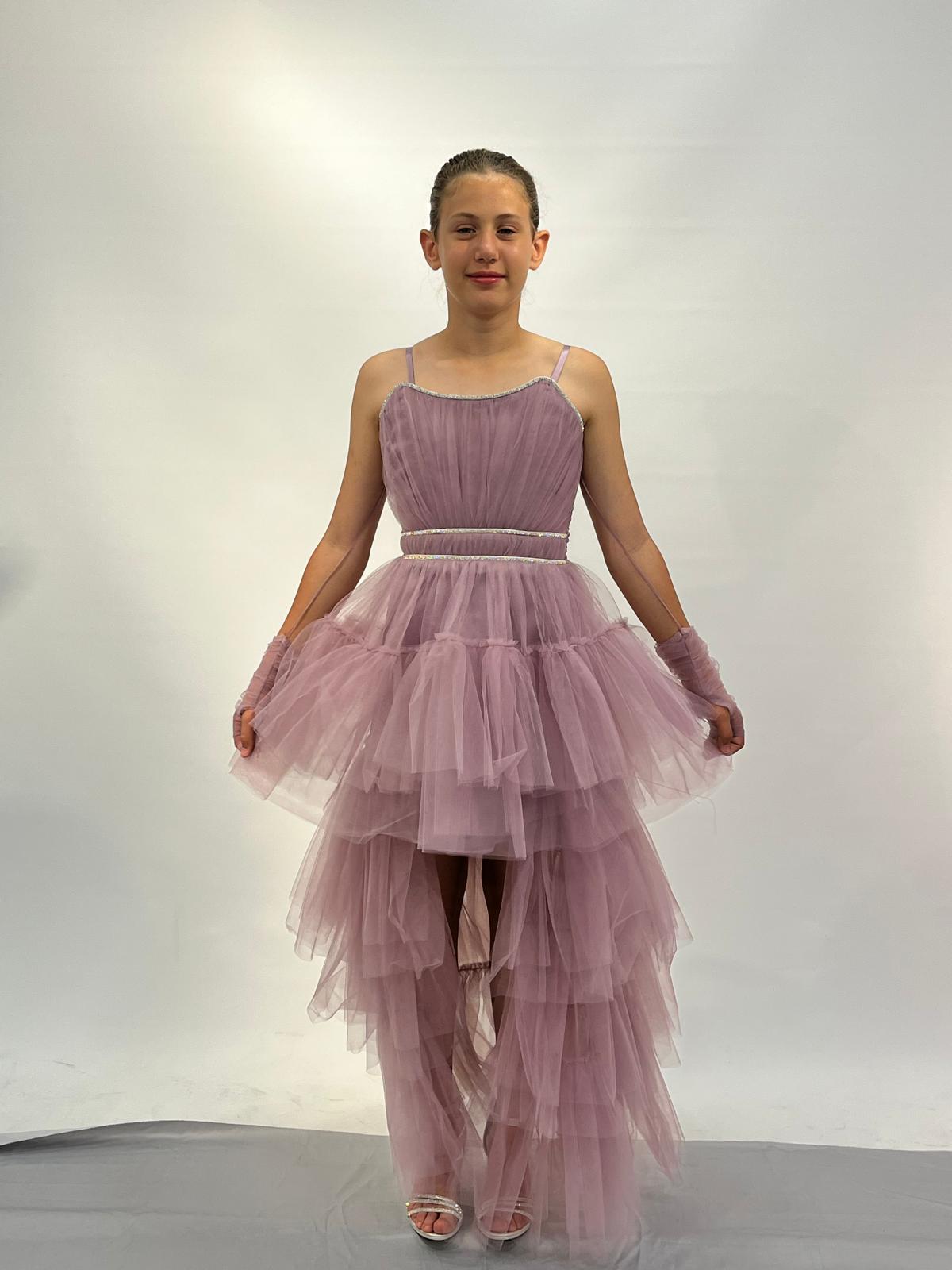 Kız Çocuk Abiye Lila Askılı Eldivenli Kuyruklu Straplez Olabilen Abiye Elbise 10-15 Yaş