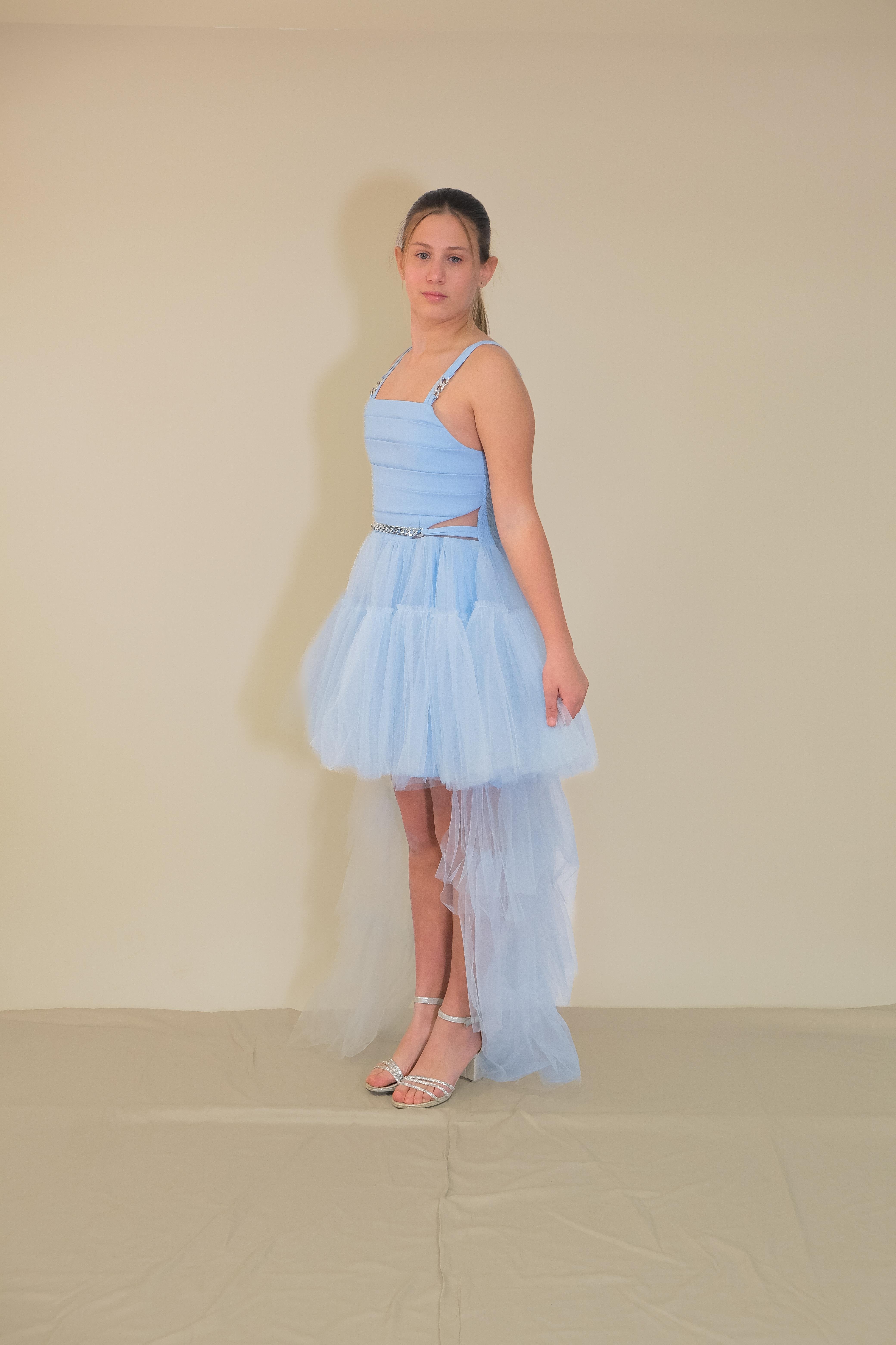 Kız Çocuk Askılı Mavi Zincir Detaylı Kat Etekli Kuyruklu Abiye Elbise 10-15 Yaş 