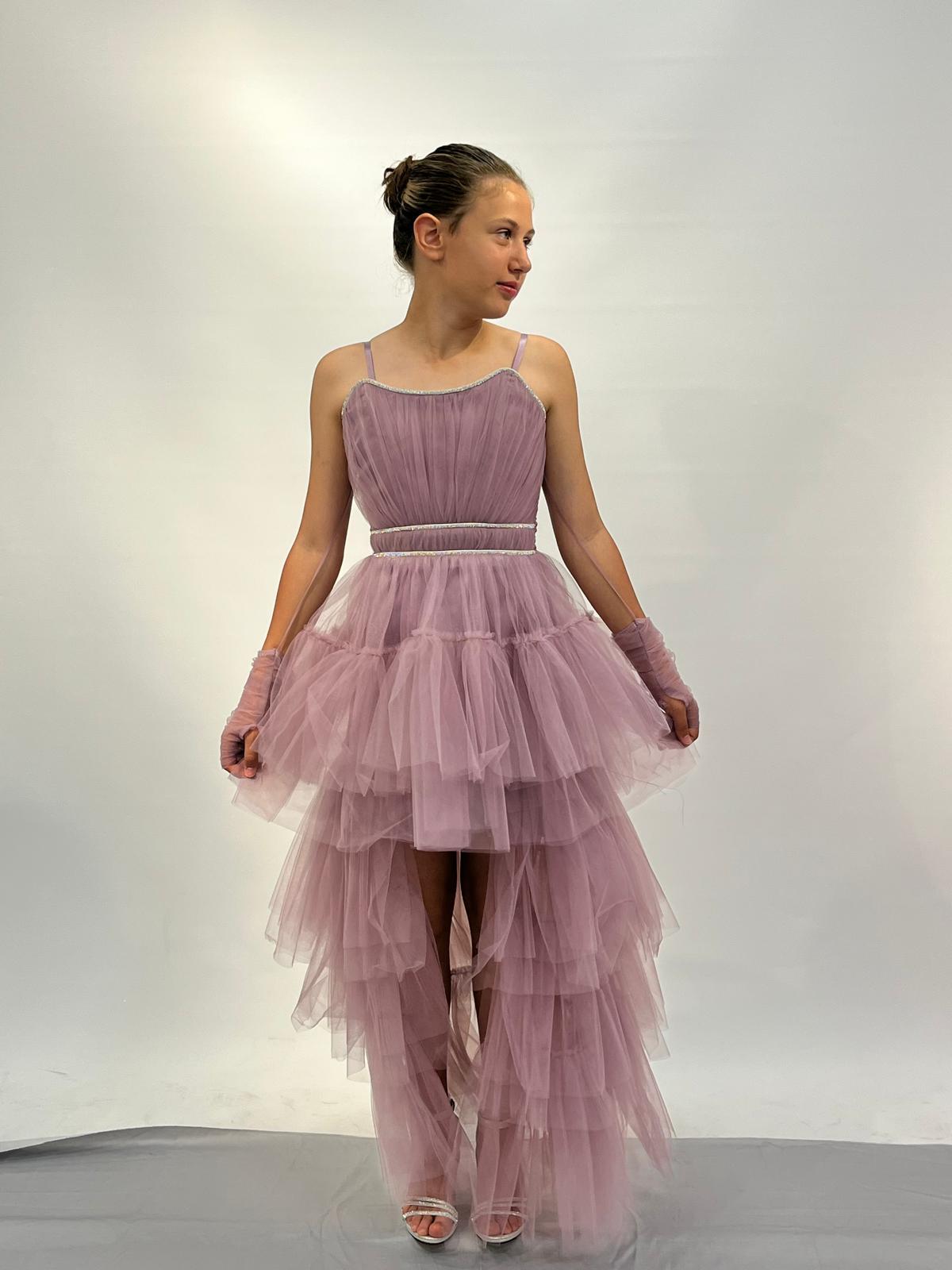 Kız Çocuk Abiye Lila Askılı Eldivenli Kuyruklu Straplez Olabilen Abiye Elbise 10-15 Yaş