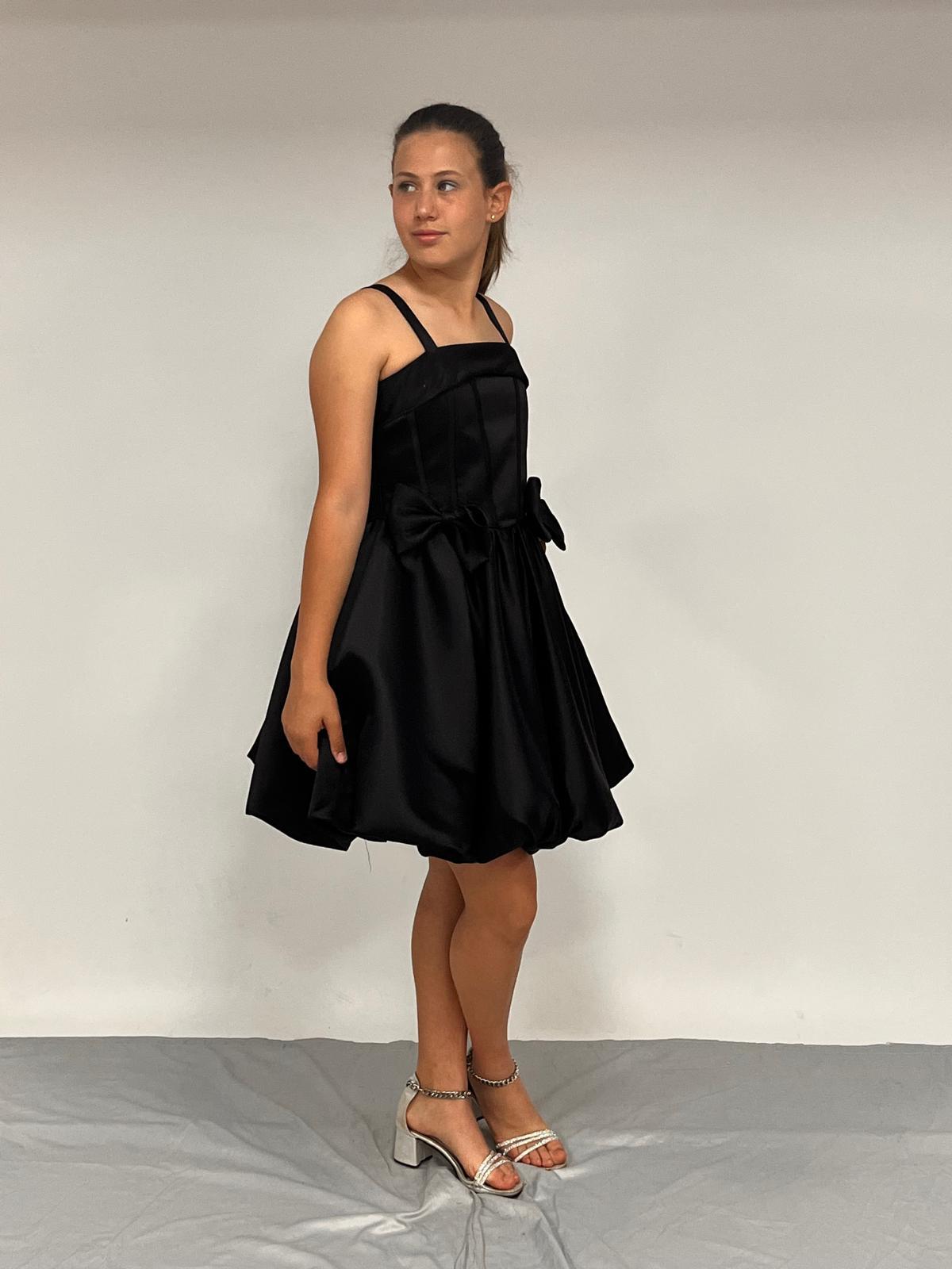 Kız Çocuk Abiye Siyah  Askılı Balon Etek Çıkabilen Fiyonk Detaylı Kısa Abiye Elbise 10-15 Yaş 