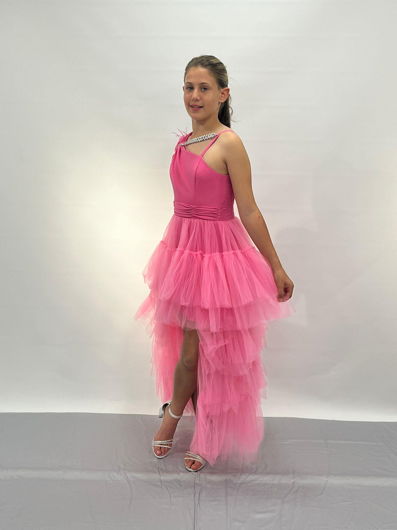 Kız Çocuk Abiye Pembe Tüllü Önü Kısa Kuyruklu Yaka Zincirli Abiye 10-15 Yaş