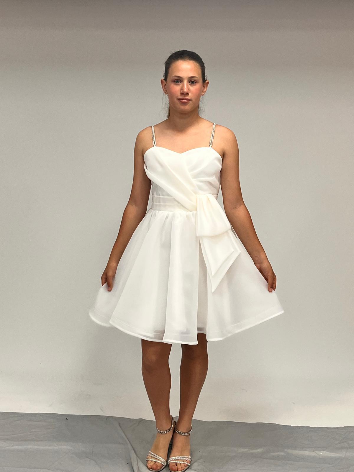 Kız Çocuk Abiye Beyaz Taş Kordon Askılı Kalp Yaka  Kısa Yandan Kendinden Kuşak Detaylı  Şifon Abiye Elbise 10-15 Yaş