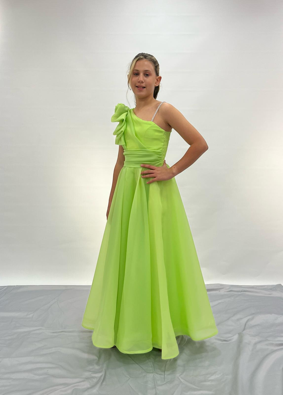 Kız Çocuk Abiye Fıstık Yeşili Tek Omuz Yakası Gül Detaylı Şifon Uzun Çocuk Abiye Elbise 10-14 Yaş