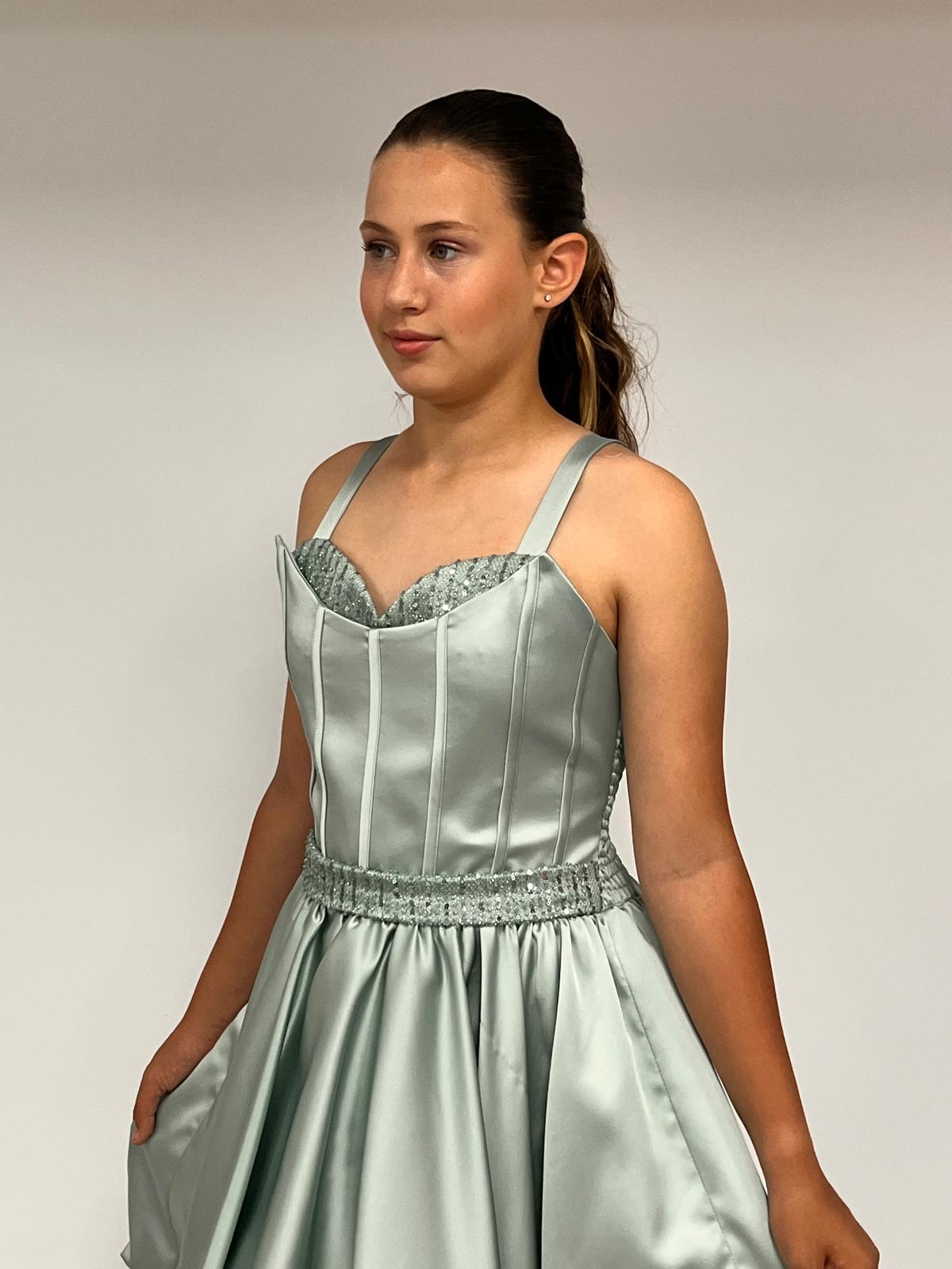 Kız Çocuk Askılı Mini ÇağlaYeşili Pileli Payet Detaylı Kısa Balon Etek Abiye Elbise 10-15 Yaş