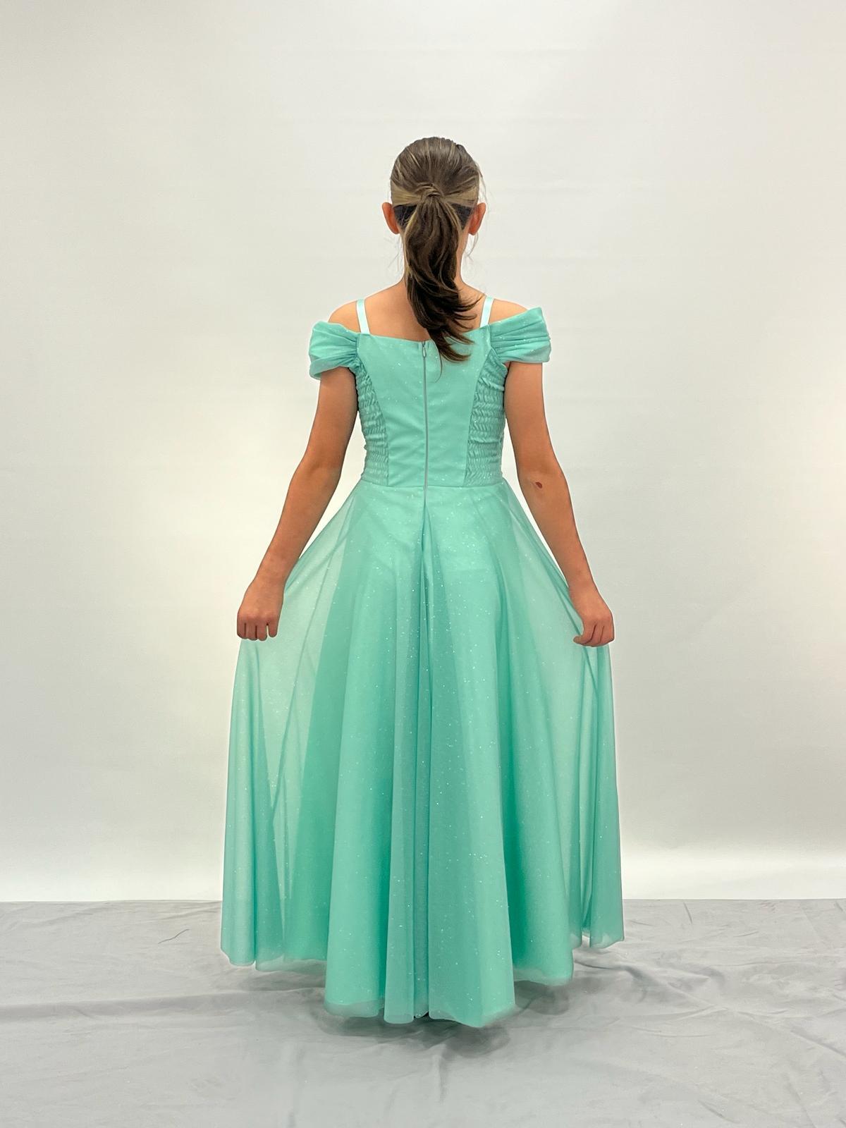 Kız Çocuk Yeşil Askılı Omuz Detaylı Pırıltılı Tüllü Uzun Abiye Elbise 10-15 Yaş