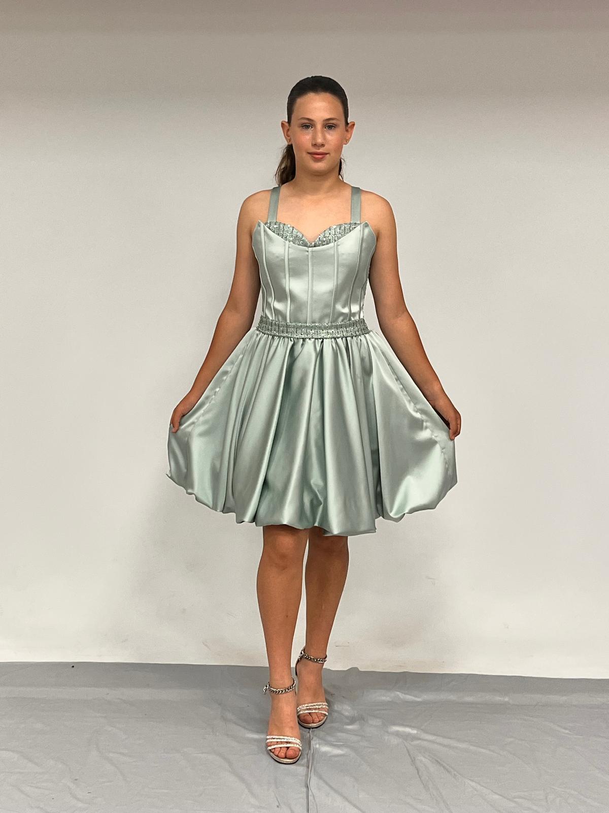 Kız Çocuk Askılı Mini ÇağlaYeşili Pileli Payet Detaylı Kısa Balon Etek Abiye Elbise 10-15 Yaş