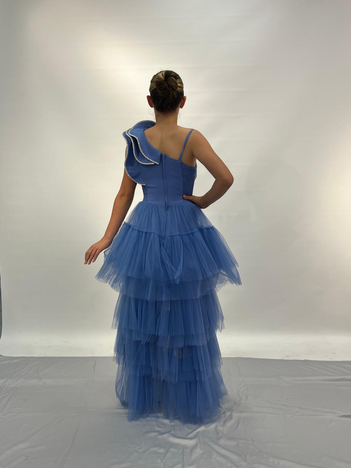 Kız Çocuk Abiye İndigo Kuyruklu Yakası Volanlı Taş İşLEMELİ Abiye Elbise 10-15 Yaş