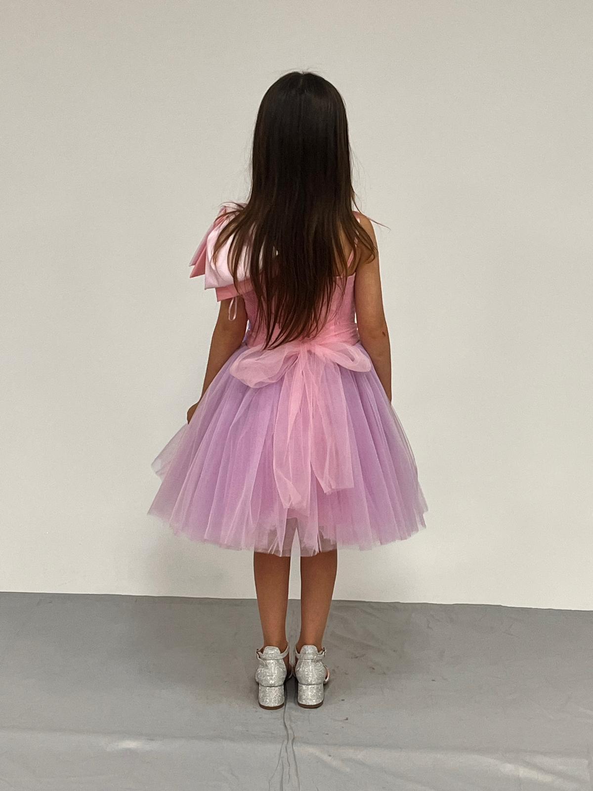 Kız Çocuk Askılı Tek Omuz Kurdele Detaylı  Payetli Tüllü Abiye Elbise 4-8 Yaş Yaş