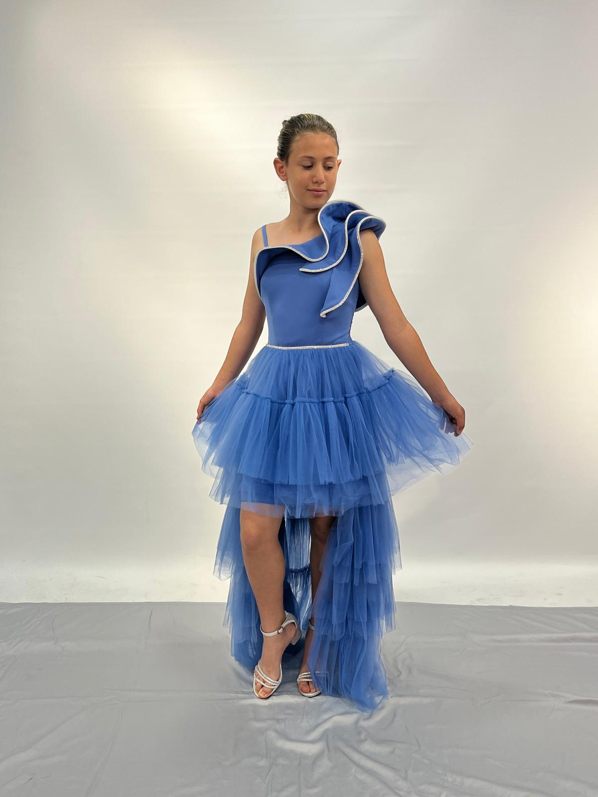 Kız Çocuk Abiye İndigo Kuyruklu Yakası Volanlı Taş İşLEMELİ Abiye Elbise 10-15 Yaş