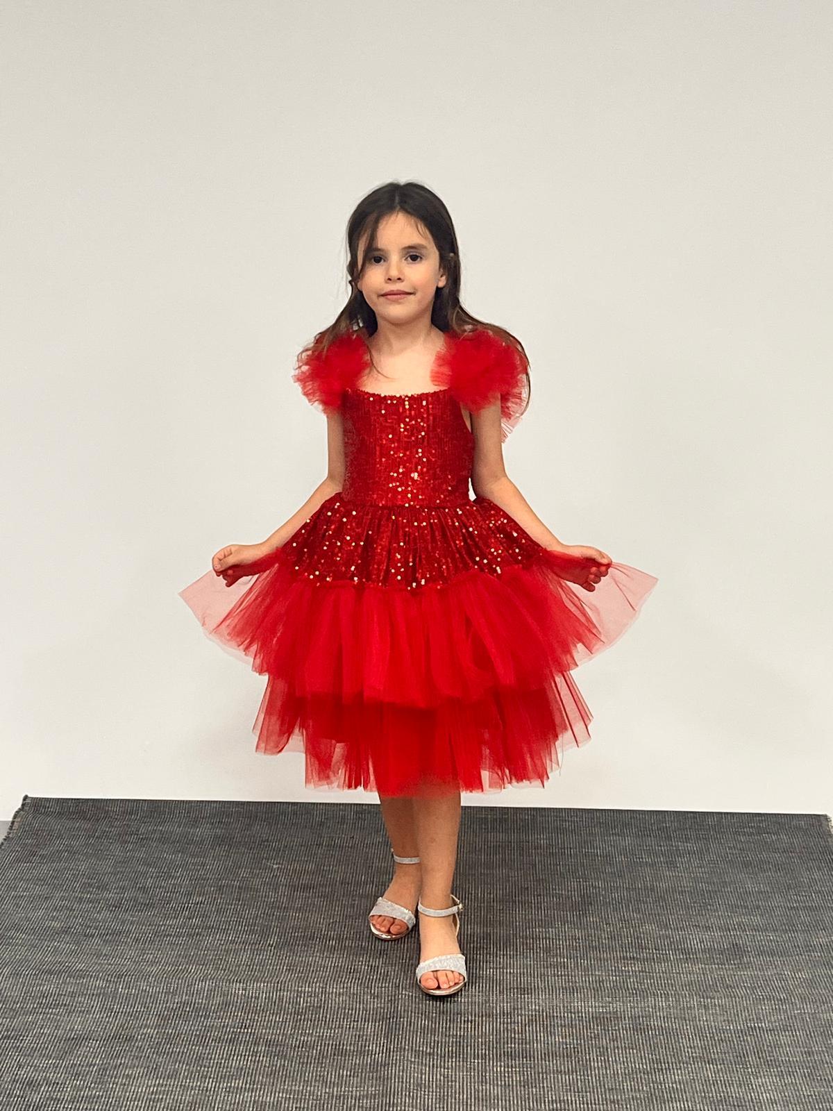 Kız Çocuk Abiye KırmızıTül  Fırfırlı Askılı Pul Payet İşlemeli Tül  Kat Etekli Kısa Abiye Elbise 6-10 Yaş