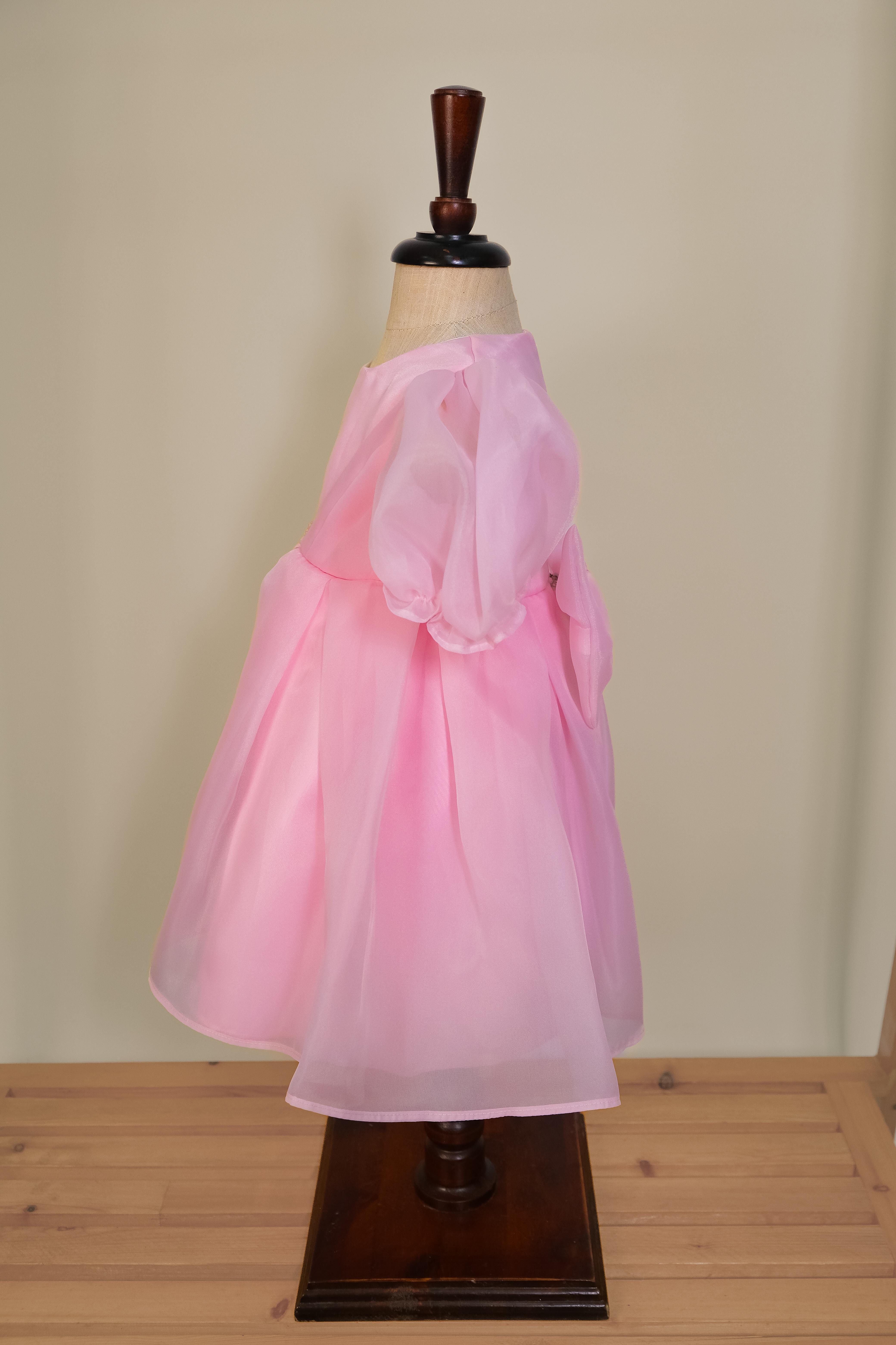 Kız Bebek Pembe Karpuz Kollu Taş Detaylı Abiye Elbise 1-5 Yaş