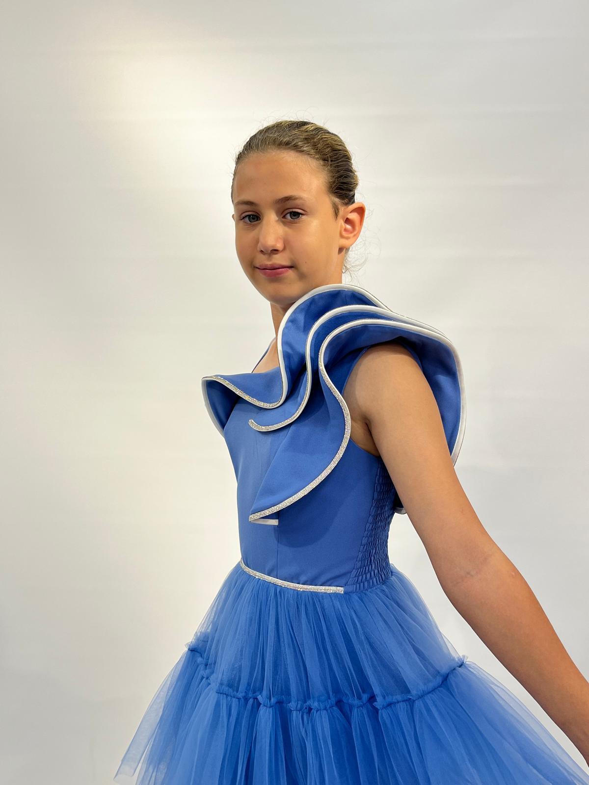 Kız Çocuk Abiye İndigo Kuyruklu Yakası Volanlı Taş İşLEMELİ Abiye Elbise 10-15 Yaş