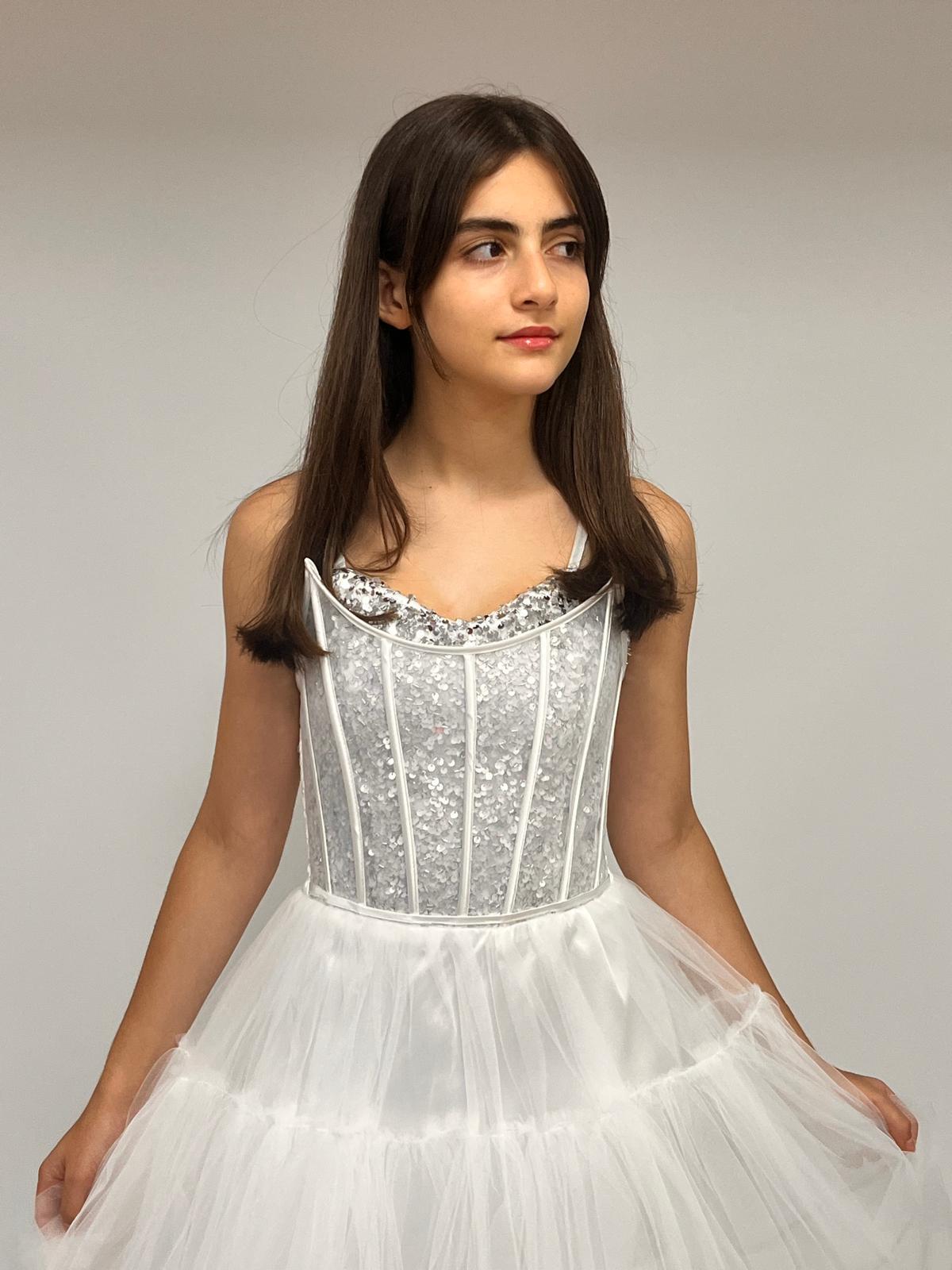 Kız Çocuk Abiye Krem Önü Kısa Kuyruklu Payet İşlemeli Biyeli Transparan Kaplama Abiye Elbise 10-15 Yaş