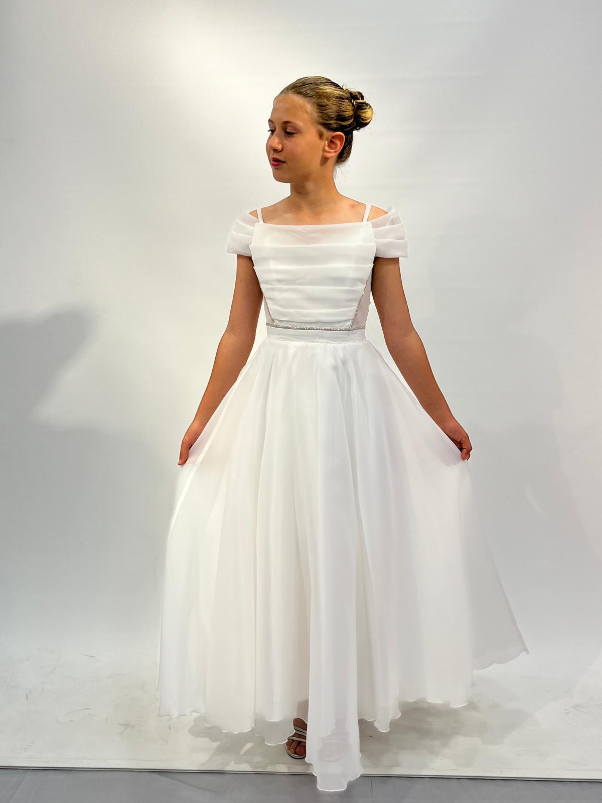 Kız Çocuk Abiye Krem Askılı Uzun Şifon Kolları Çıkabilen Drape Yaka Abiye Elbise 10-15 Yaş