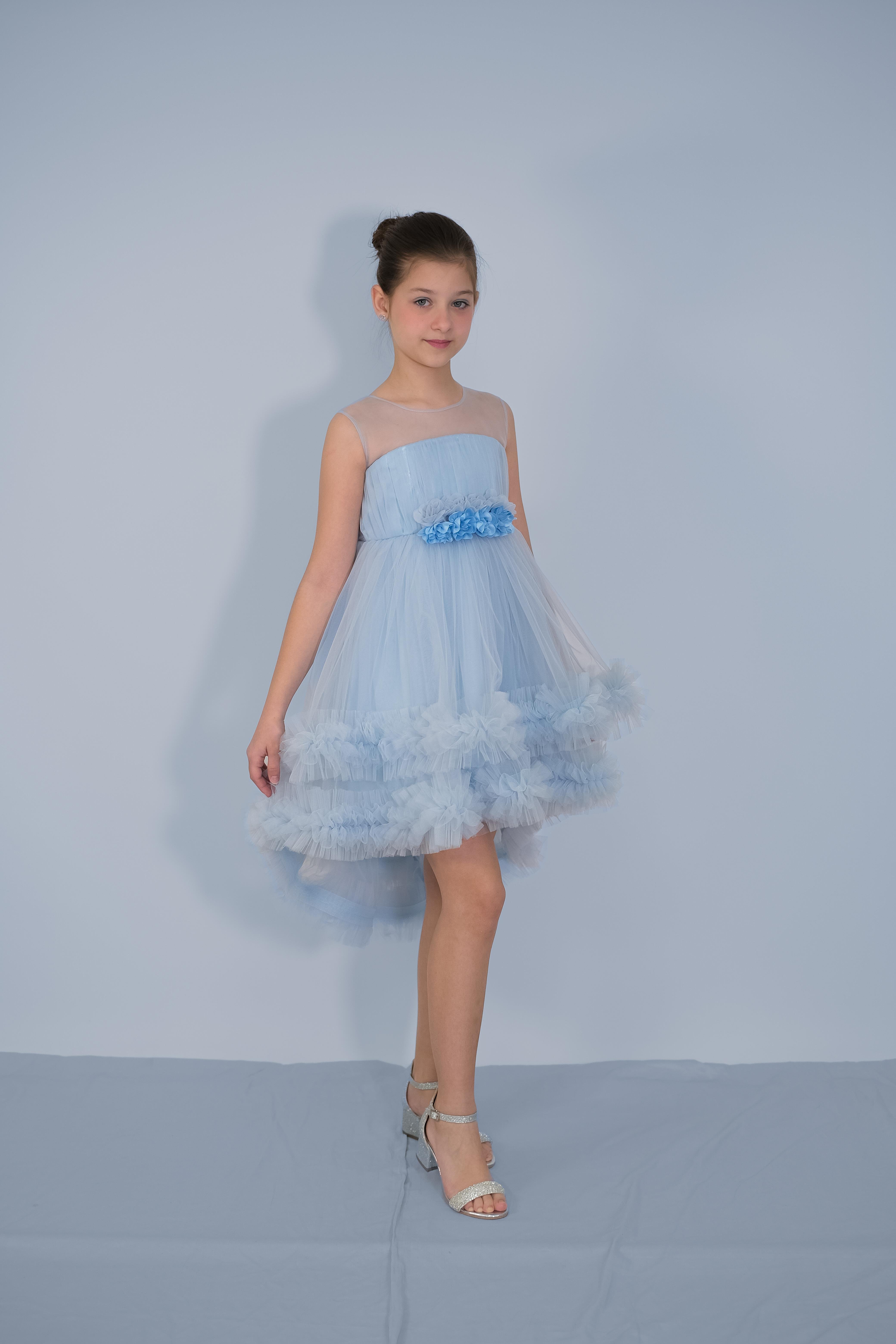 Kız Çocuk Abiye Mavi Etekleri Fırfırlı Kuyruklu Beli Çiçekli Abiye 6-10 Yaş