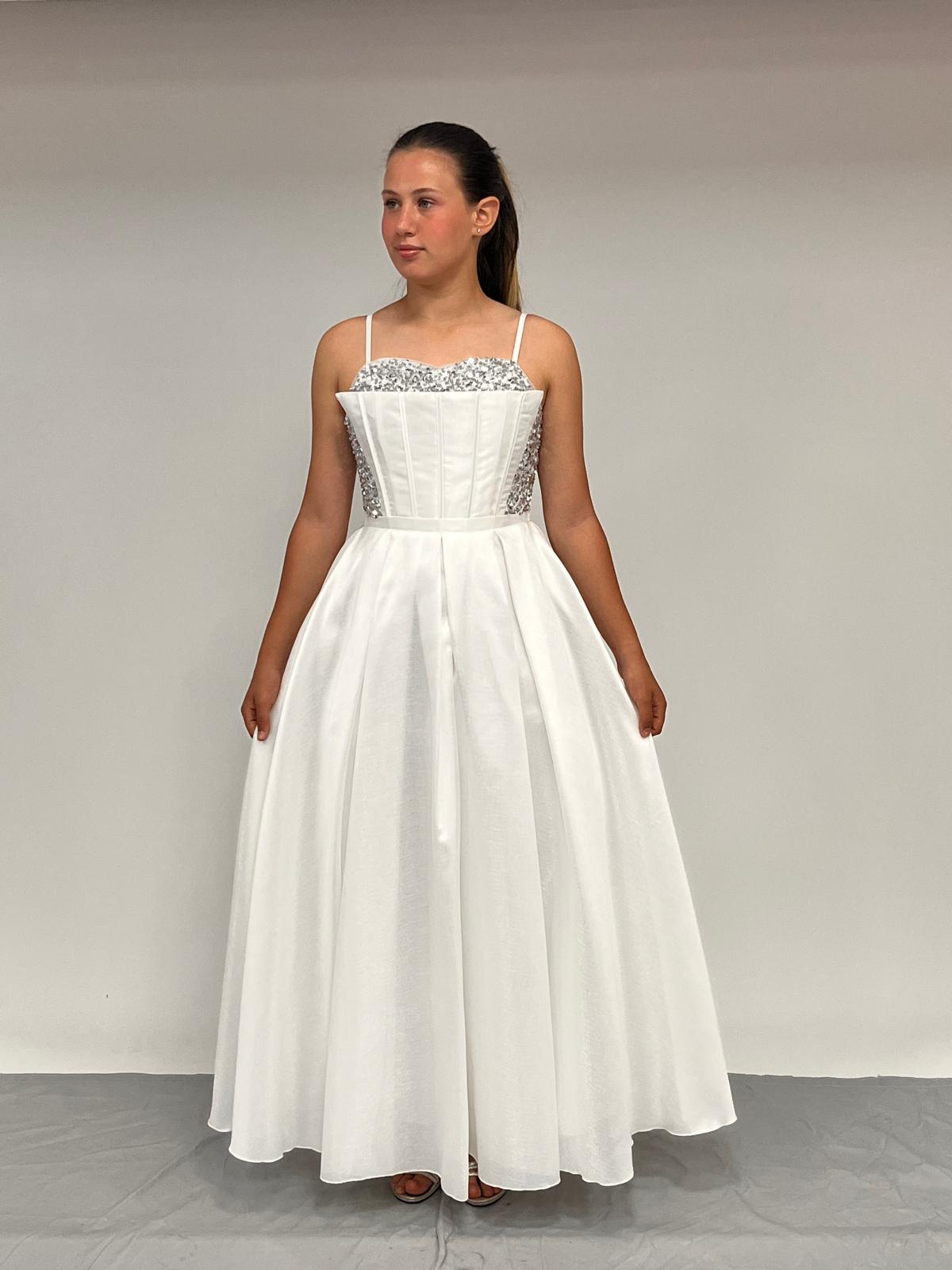 Kız Çocuk Abiye Krem Tafta Uzun Pül  Payet İşlemeli Biyeli Korseli Abiye Elbise 10-15 Yaş