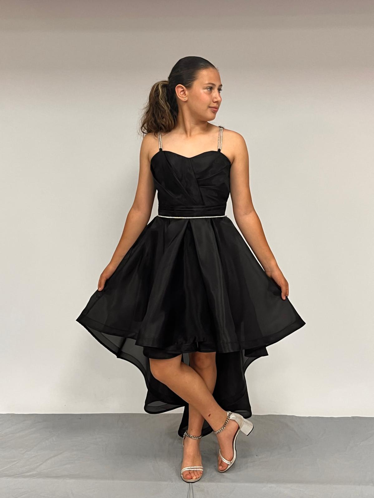 Kız Çocuk Abiye Siyah Taş Kordon Askılı Kalp Yaka  Kuyruklu  Şifon Abiye Elbise 10-15 Yaş