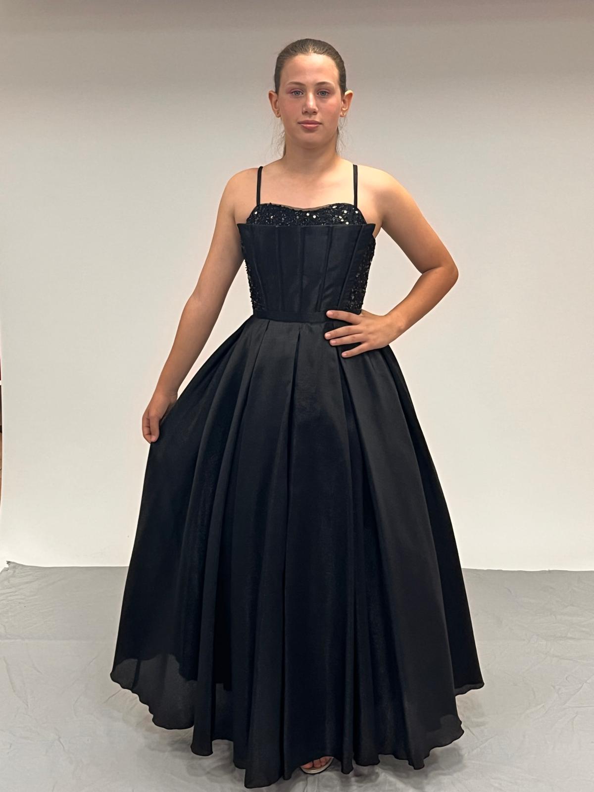 Kız Çocuk Abiye Siyah Tafta Uzun Pül  Payet İşlemeli Biyeli Korseli Abiye Elbise 10-15 Yaş