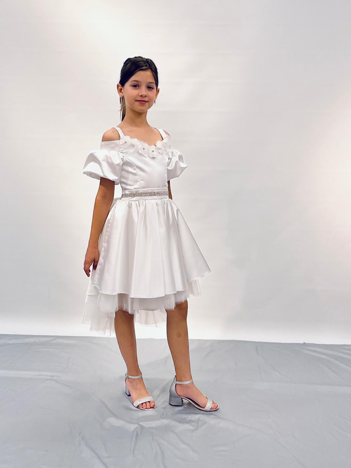 Kız Çocuk Ekru Saten Kuyruklu Çiçekli Abiye 6-10 Yaş