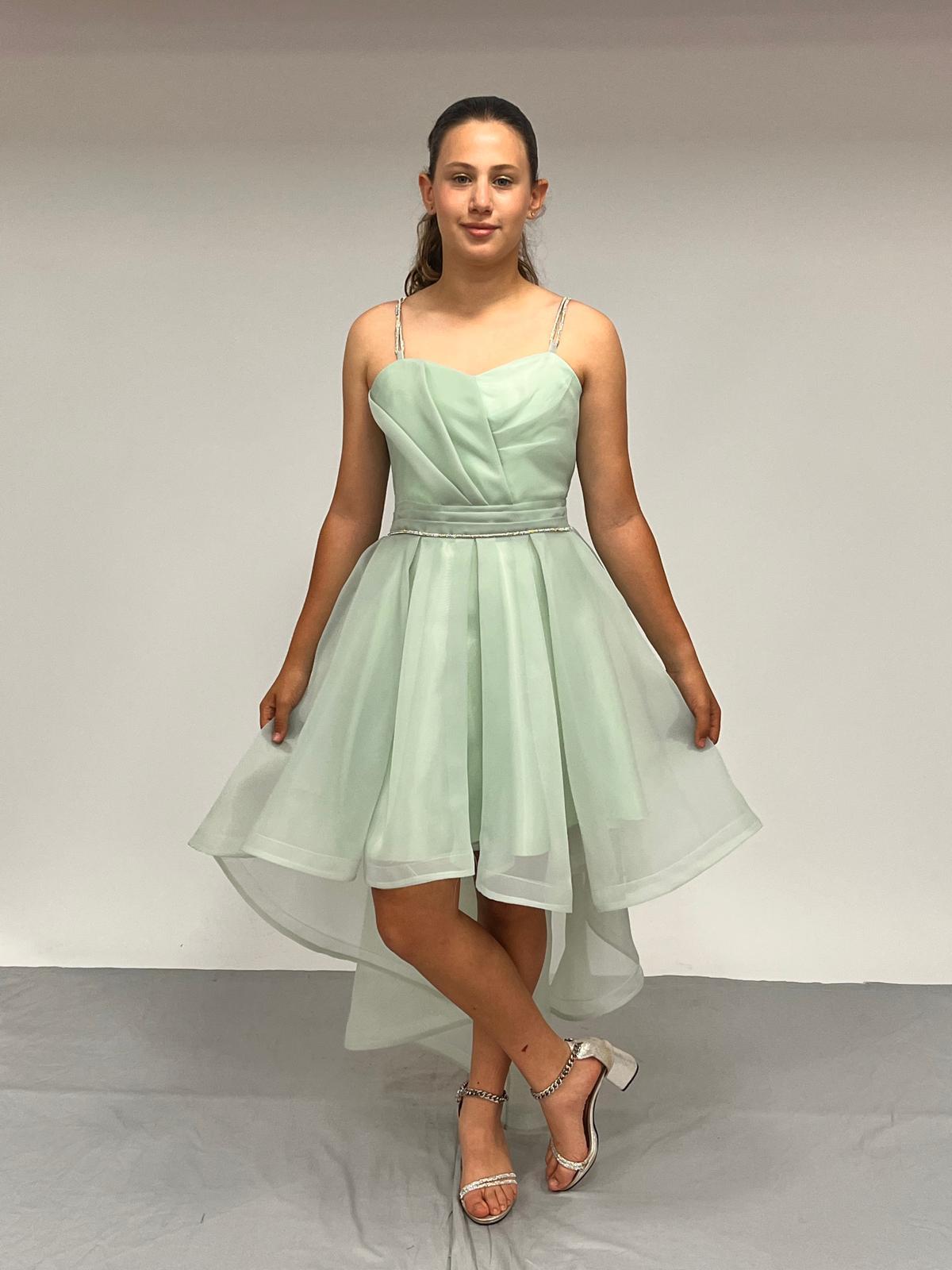 Kız Çocuk Abiye Mint Yeşili Taş Kordon Askılı Kalp Yaka  Kuyruklu  Şifon Abiye Elbise 10-15 Yaş