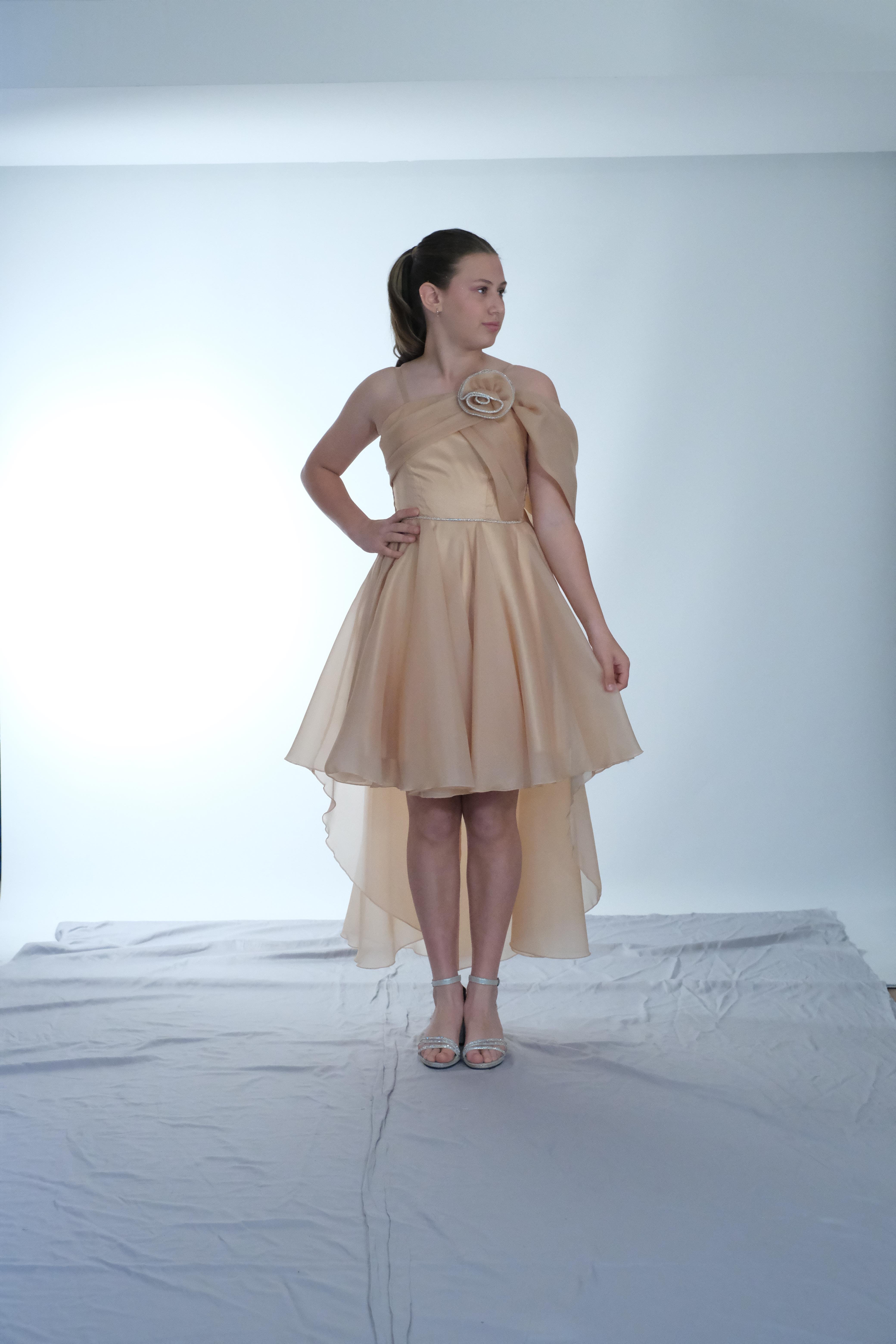 Kız Çocuk Abiye Askılı SoğanKabuğu Tek Omuz Gül Detaylı Kuyruklu Şifon  Abiye Elbise 10-15 Yaş