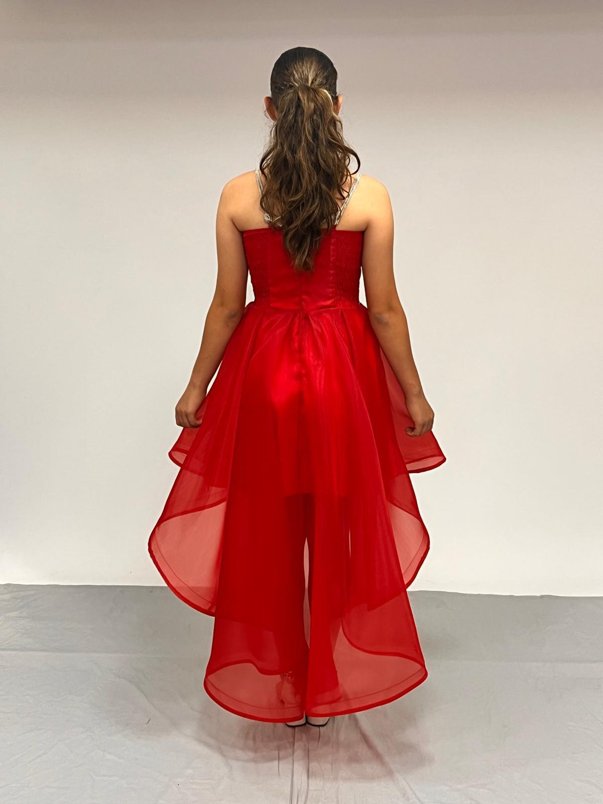 Kız Çocuk Abiye KırmızıTaş Kordon Askılı Kalp Yaka  Kuyruklu  Şifon Abiye Elbise 10-15 Yaş