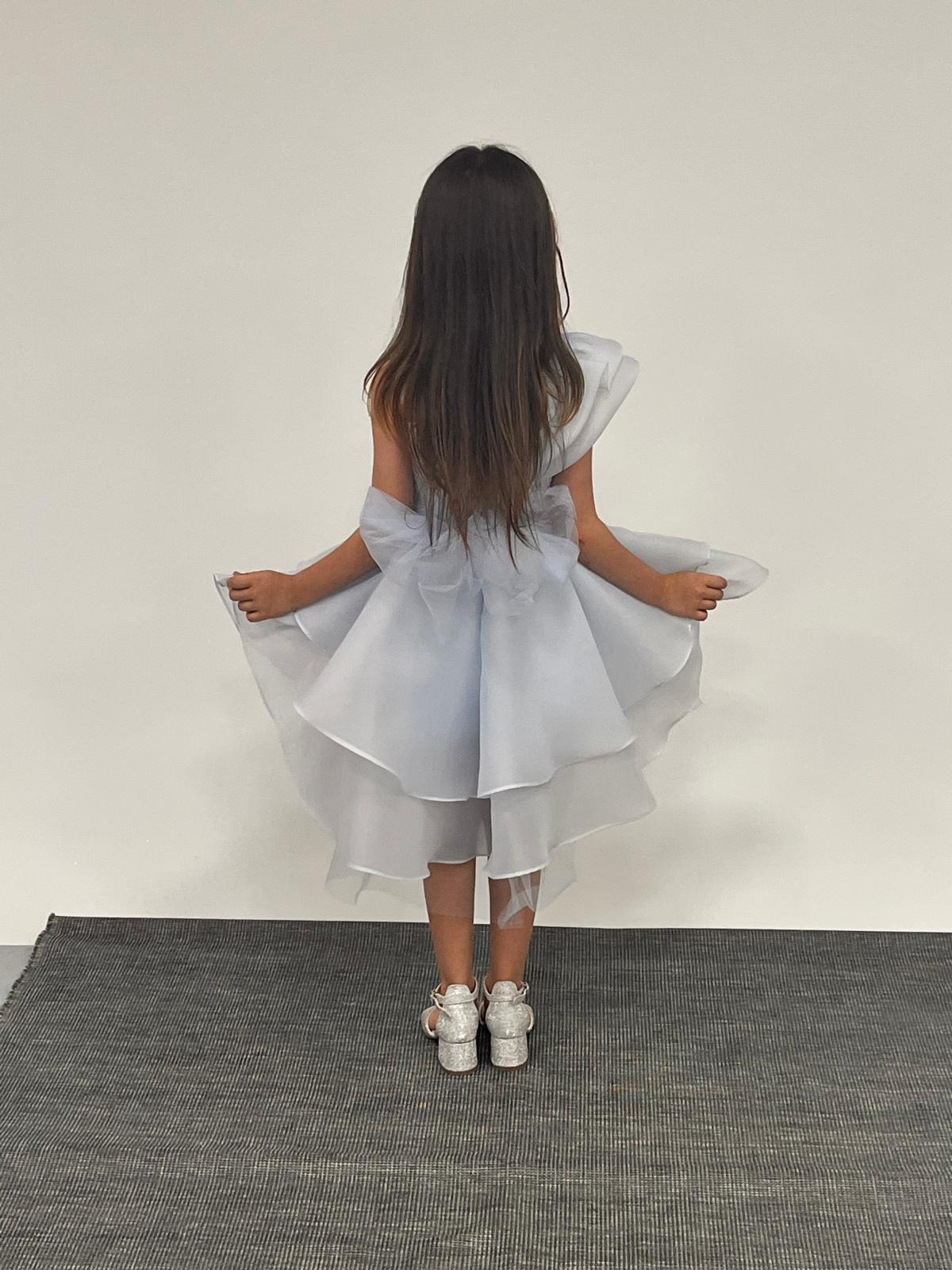 Kız Çocuk Abiye Mavi Kalp Tokalı Tek Omuz Detaylı Abiye Elbise 6-10 Yaş