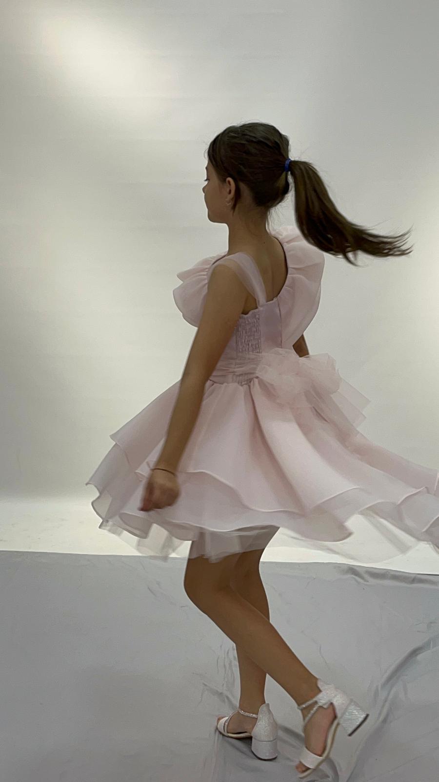 Kız Çocuk Abiye Pudra Kalp Tokalı Tek Omuz Detaylı Abiye Elbise 6-10 Yaş