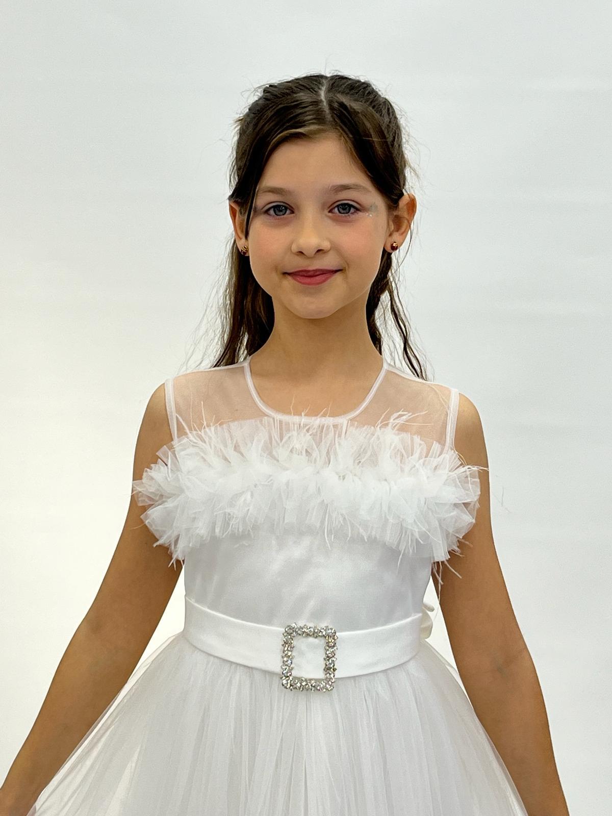 Kız Çocuk Beyaz Uzun Tüllü Etek Uçları Fırfırlı Beli Kemer Tokalı Abiye Elbise 6-14 Yaş
