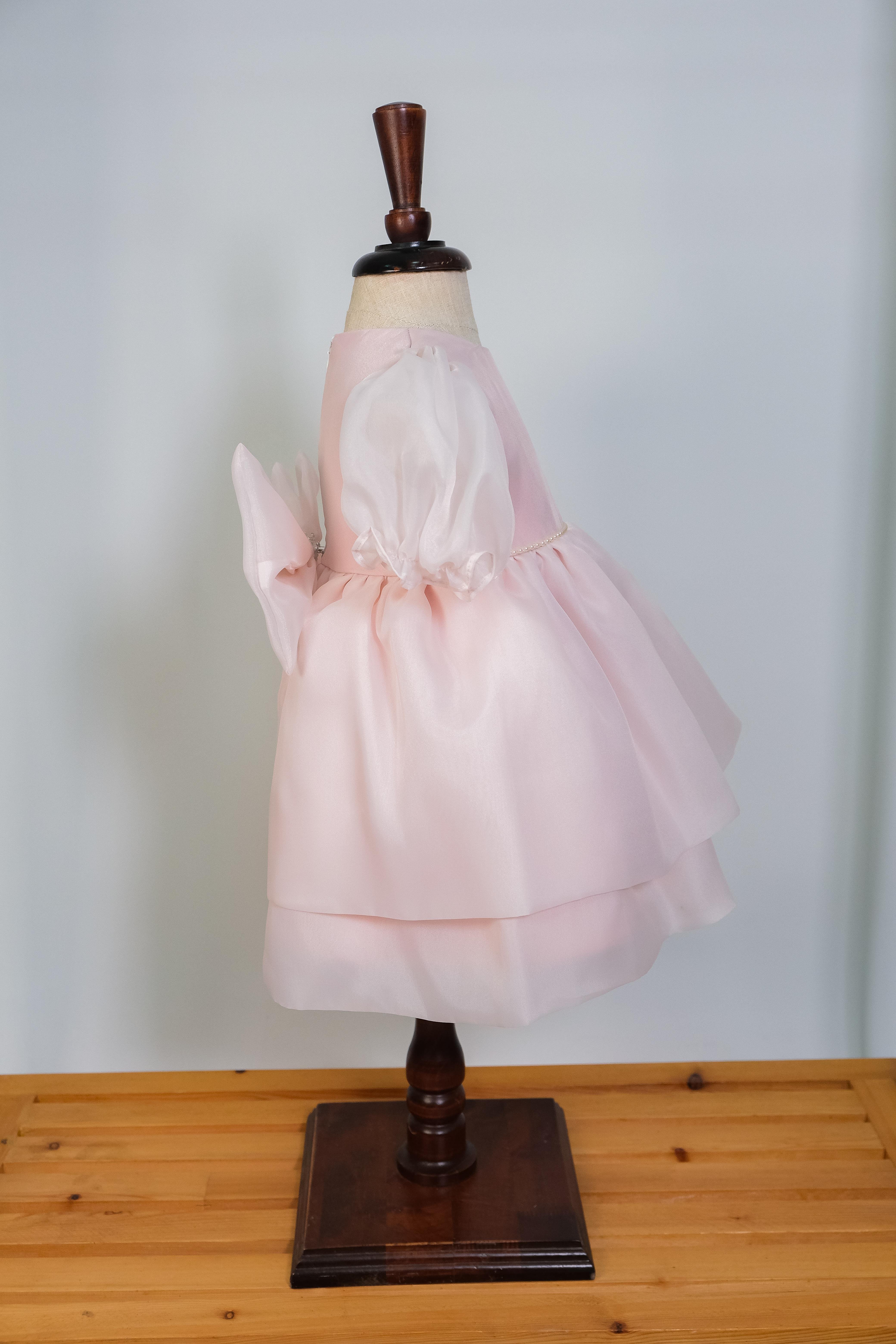 Kız Bebek Pudra Caroline Kumaş Karpuz Kollu Abiye Elbise 6-36 Ay