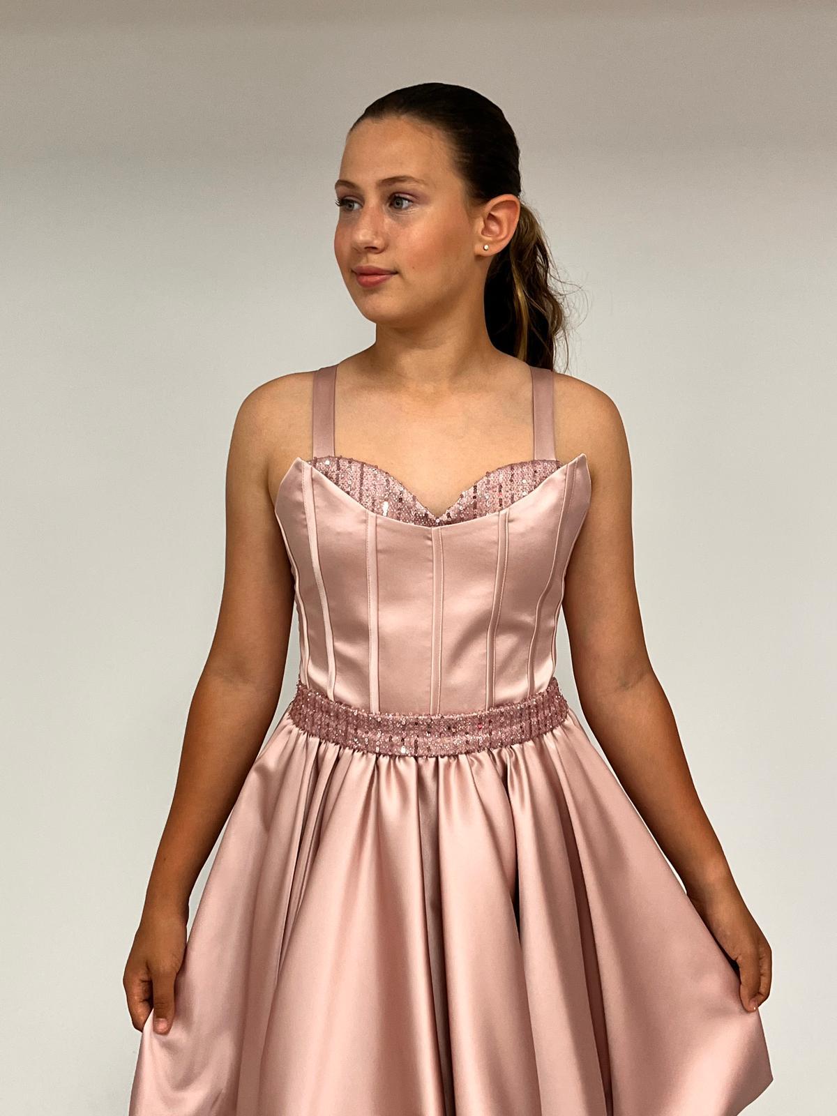 Kız Çocuk Askılı Mini Pudra Pileli Payet Detaylı Kısa Balon Etek Abiye Elbise 10-15 Yaş