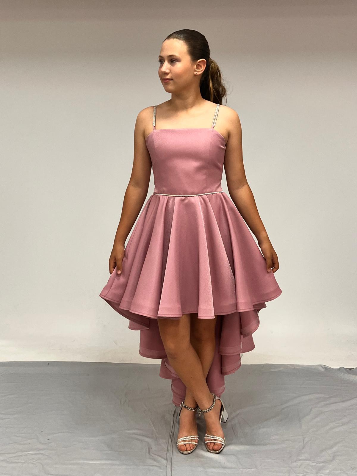 Kız Çocuk Abiye Gül Kurusu Kordon Taş Askılı Sunsihe Kumaş Kuyruklu Abiye Elbise 10-15 Yaş