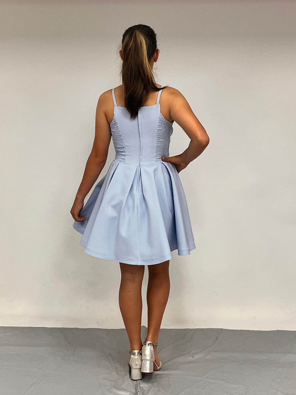 Kız Çocuk Abiye Kısa Bebe Mavi Krep Kumaş  Askılı Asimetrik Yaka Şerit Taş Detaylı  Erkut  Abiye Elbise 10-15 Yaş