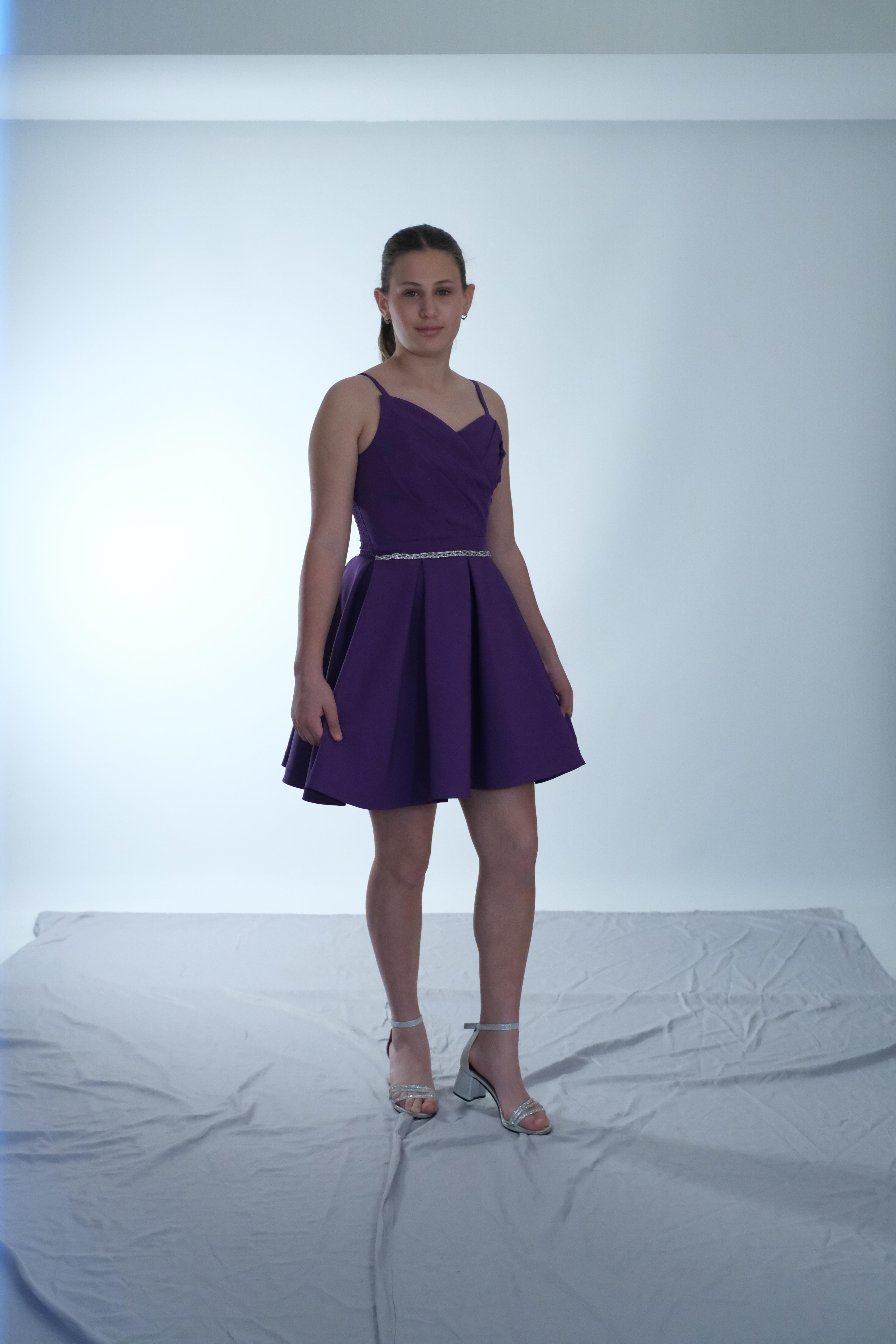 Kız Çocuk Abiye Mor Krep Kumaş  Askılı  Drapeli Beli Örgü Taş Detaylı Abiye Elbise 10-15 Yaş