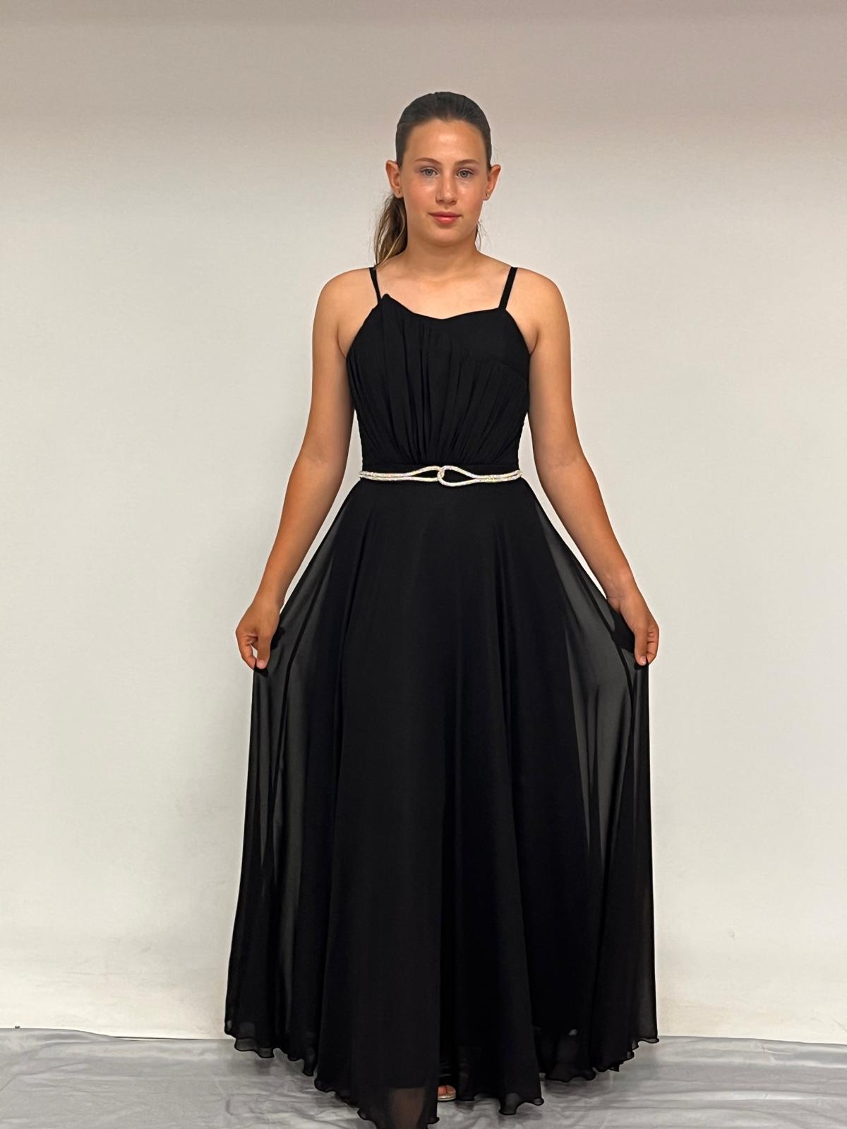 Kız Çocuk Abiye Askılı Siyah  Şifon Drape ve Taş Detaylı  Abiye Elbise 10-15 Yaş