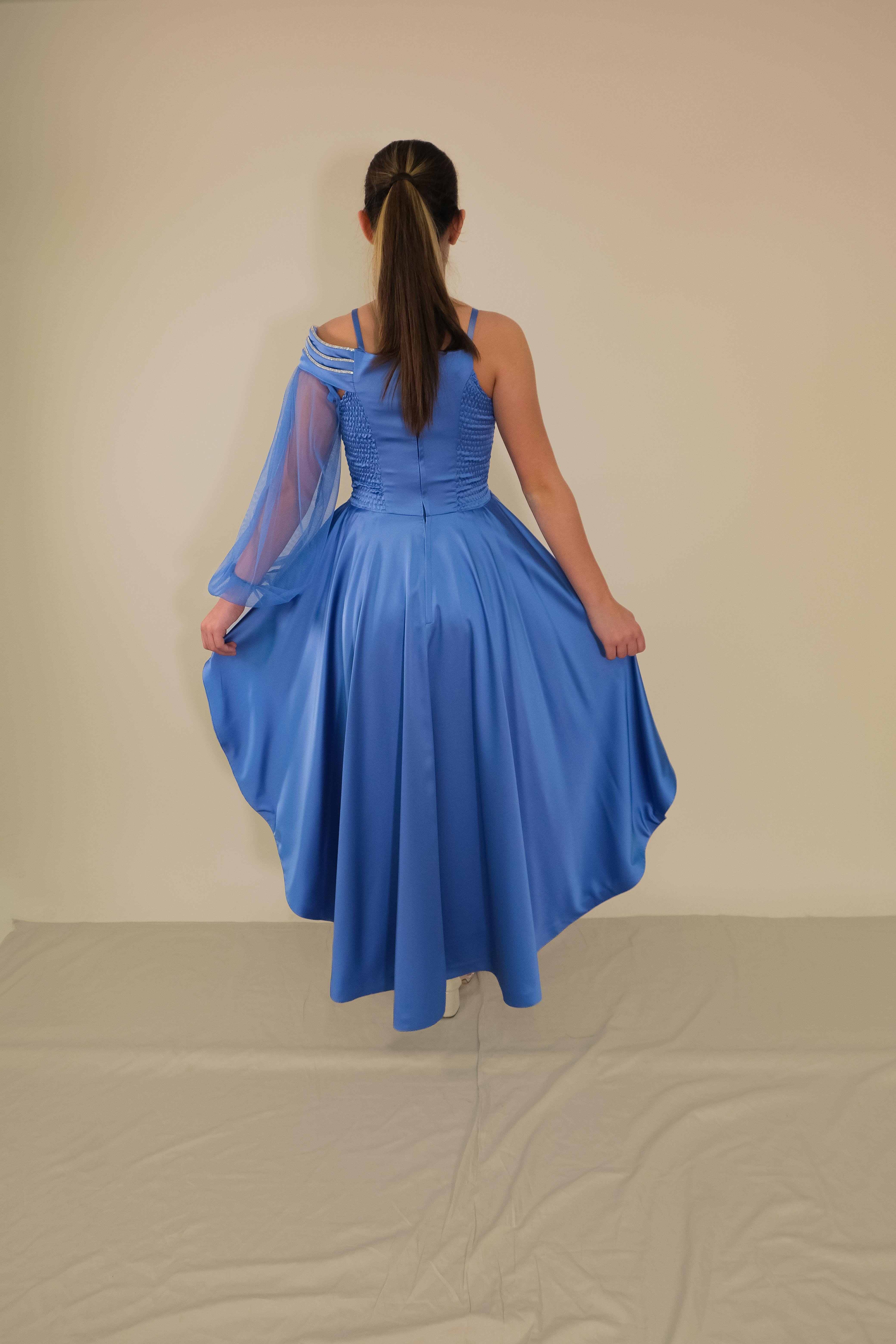 Kız Çocuk Abiye İndigo Saten Kuyruklu Yaka Şerit Taşlı Tek Kol Çıkabilen Tül Abiye Elbise 10-15 Yaş