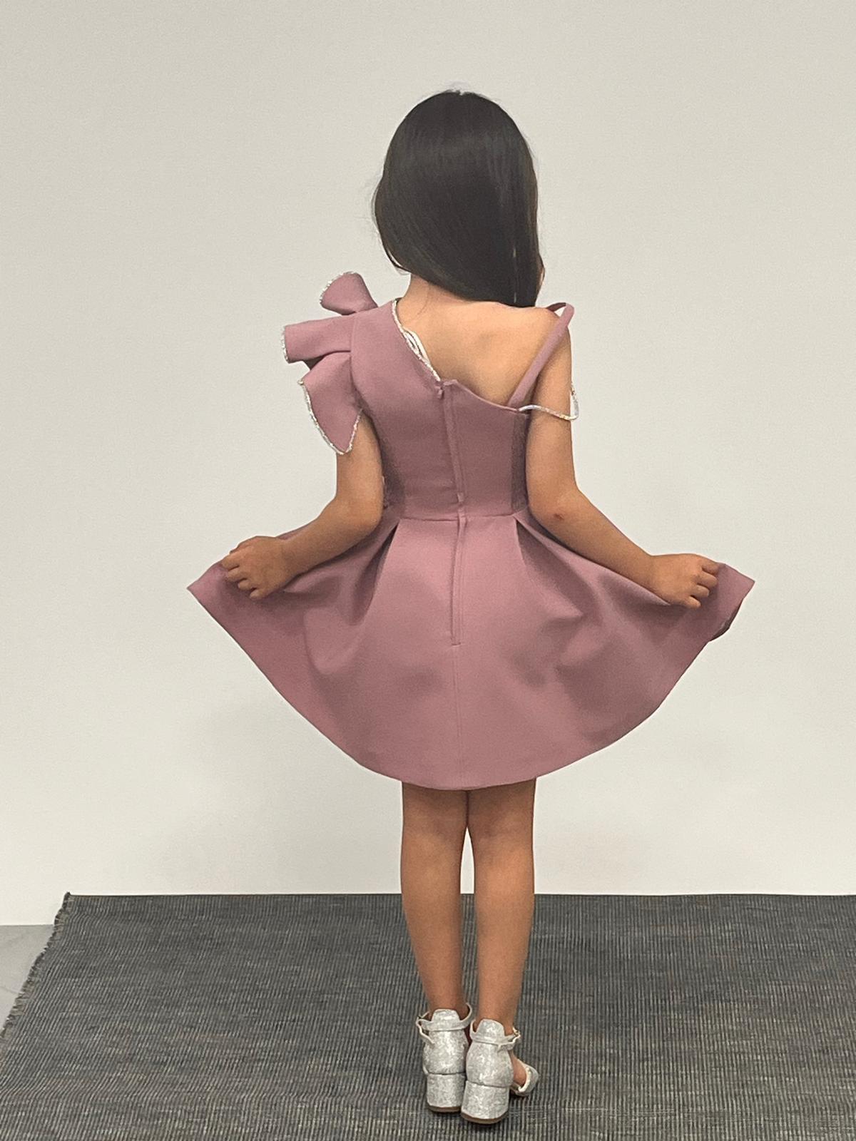 Kız Çocuk Abiye Lila Kısa Omuz Detaylı Krep Kumaş Abiye Elbise 5-10 Yaş