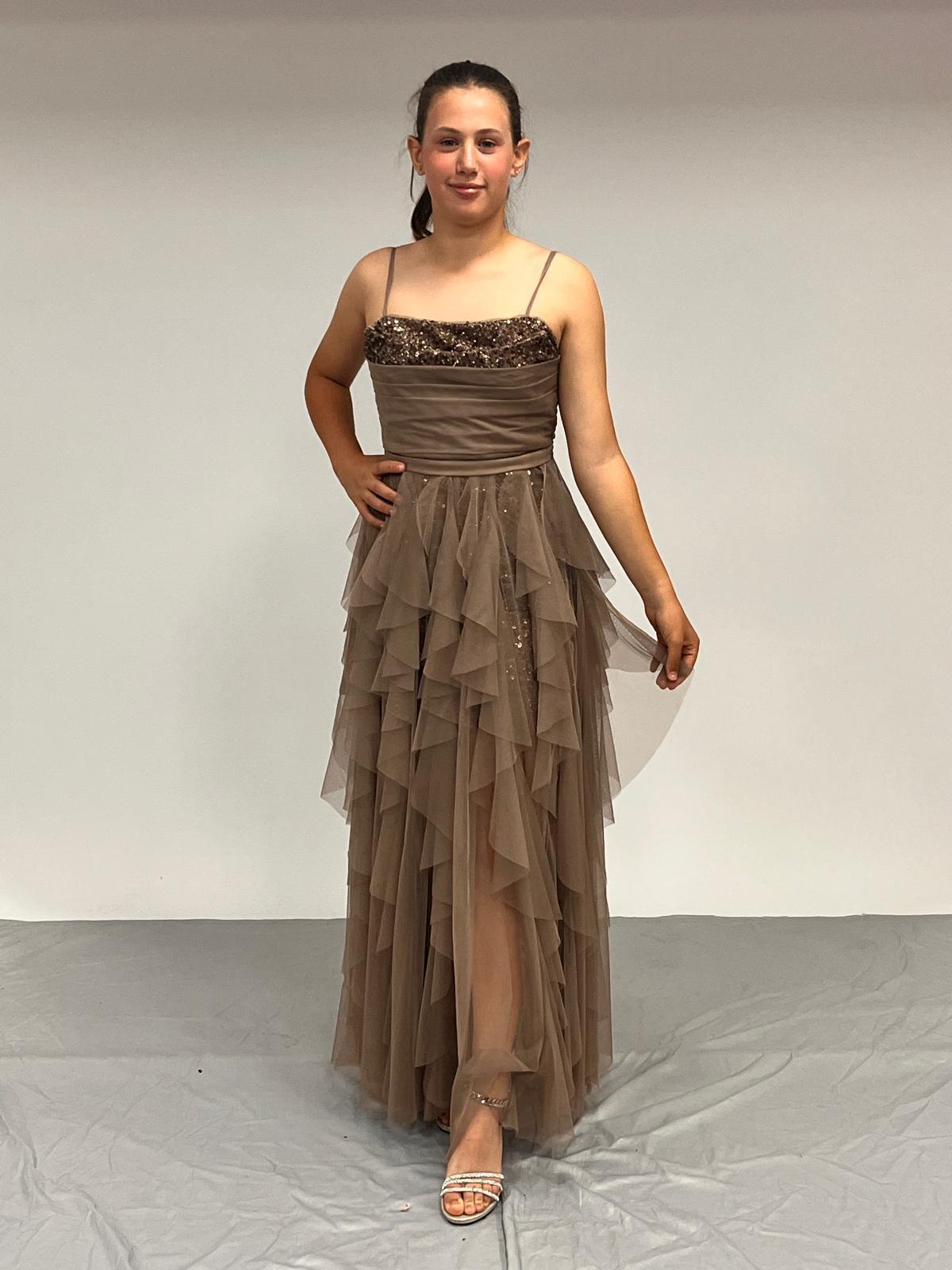 Kız Çocuk Abiye Bronz Kısa Mini Pul Payet İşlemeli Tülden Kat Kat Dalgalı Etekli  Abiye Elbise 10-14 Yaş