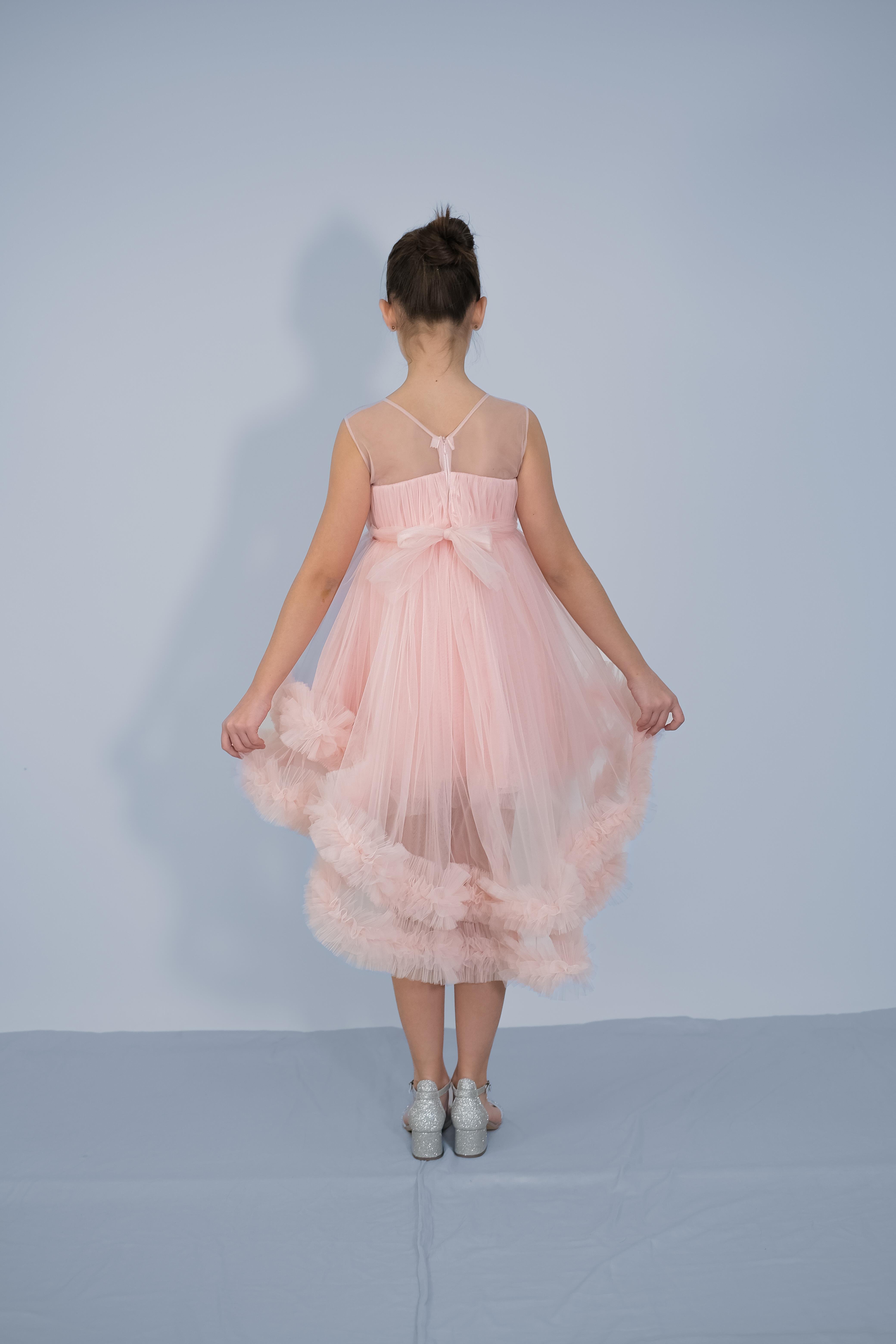 Kız Çocuk Abiye Pudra Etekleri Fırfırlı Kuyruklu Beli Çiçekli Abiye 6-10 Yaş