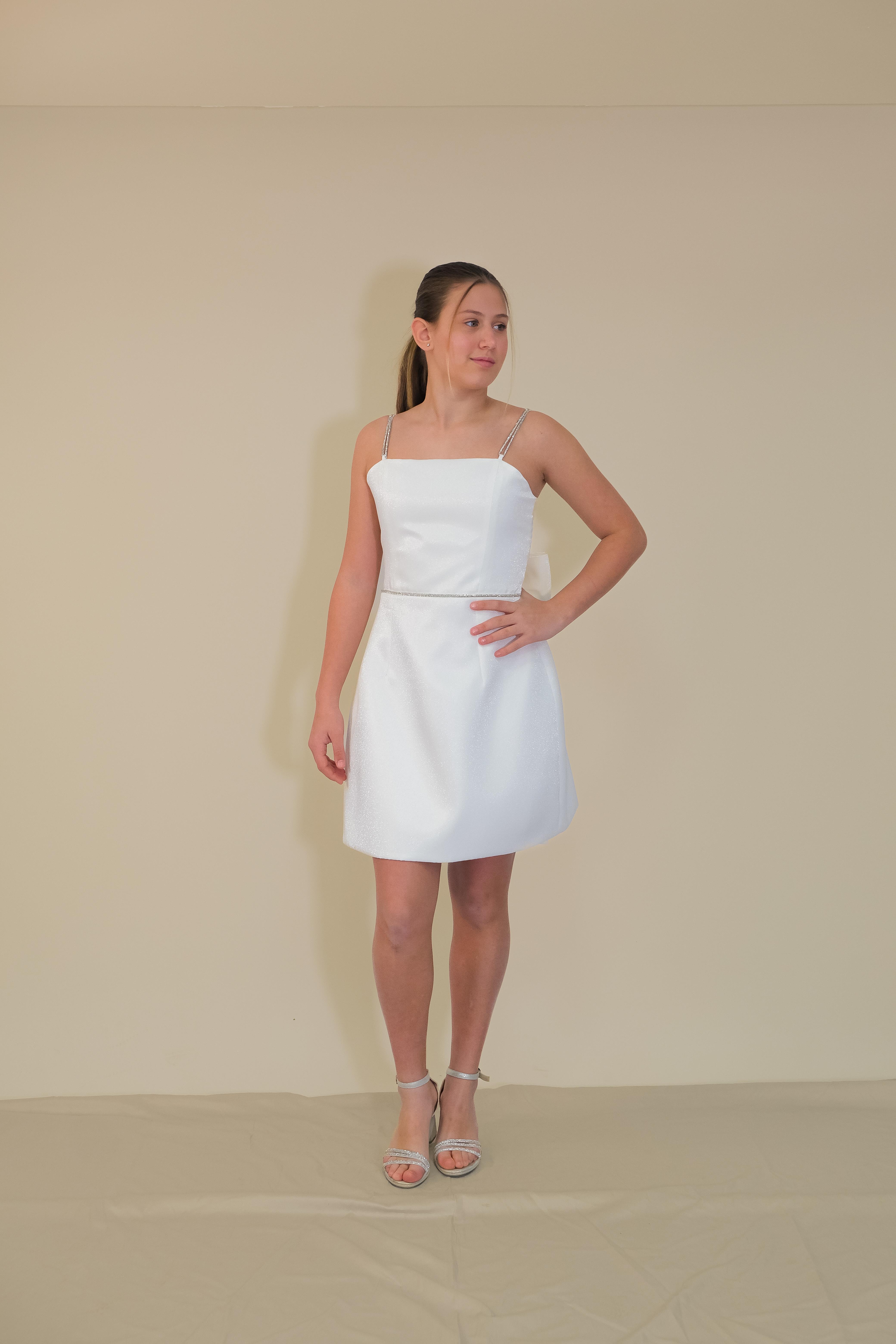 Kız Çocuk Abiye Kordon Taş Askılı Sunsihe Kumaş Krem Mini Çan Elbise 10-15 Yaş