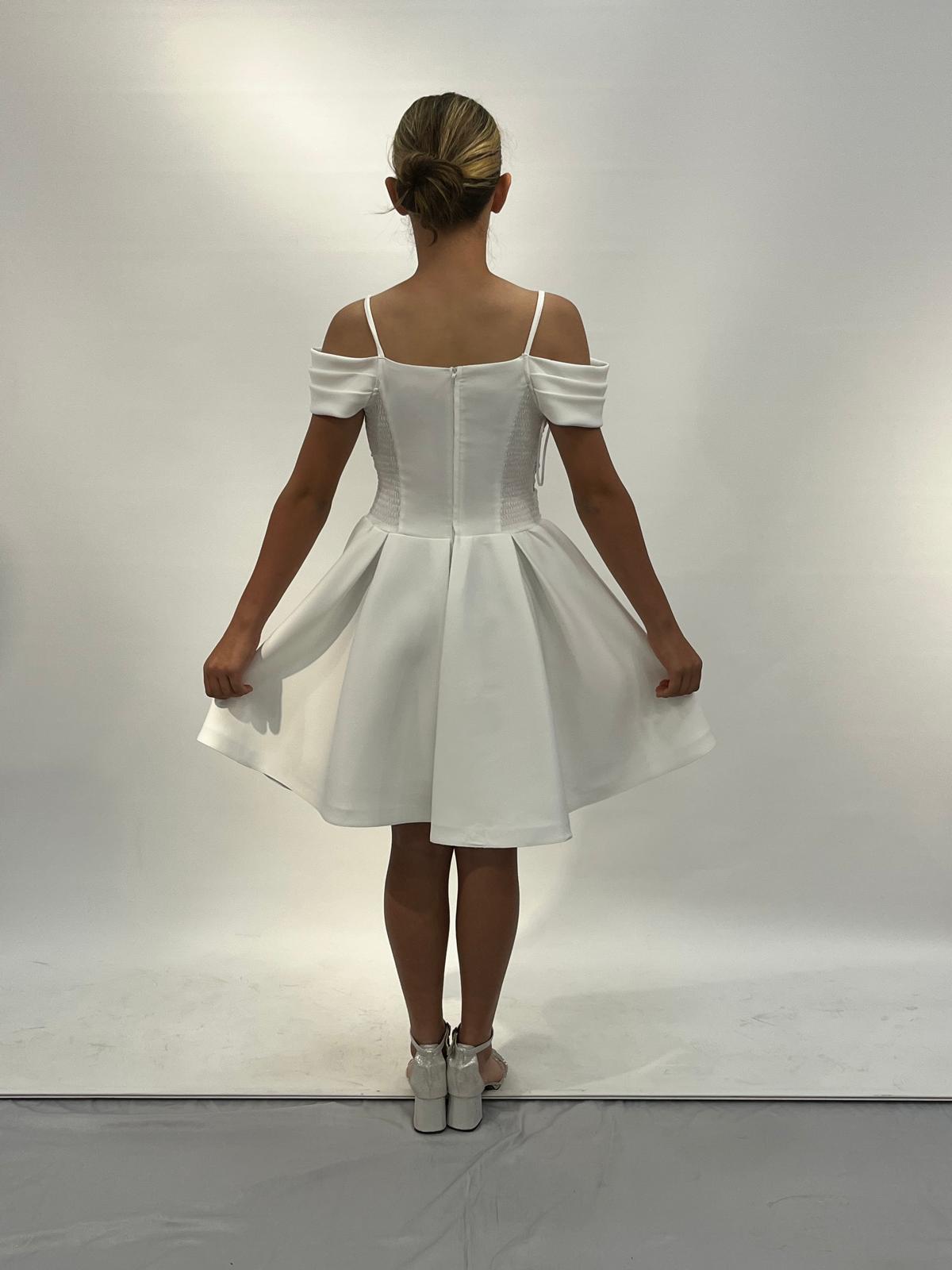 Kız Çocuk Abiye Krem Beli Tül Detaylı Kordonlu Kısa Krep Abiye Elbise 10-15 Yaş