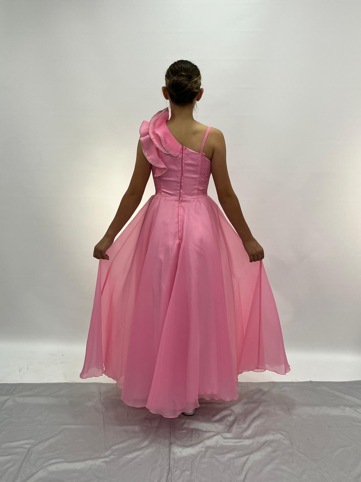 Kız Çocuk Abiye Pembe Uzun Tül Omuz Detaylı Abiye Elbise 10-15 Yaş