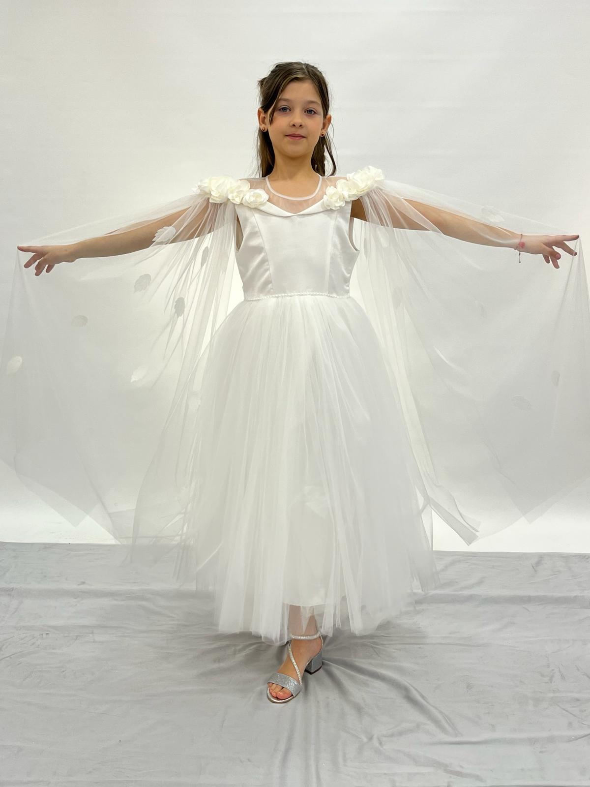 Kız Çocuk Abiye Beyaz Uzun Tüllü Pelerinli Yakası Çiçekli Abiye 6-14 Yaş