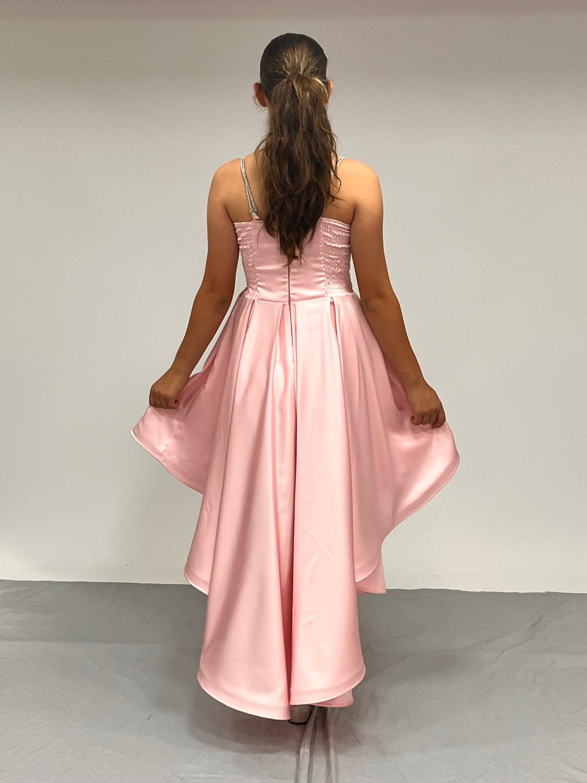 Kız Çocuk Abiye Pembe Taş Kordon Askılı Kalp Yaka  Mat Saten Kuyruklu Abiye Elbise 10-15 Yaş