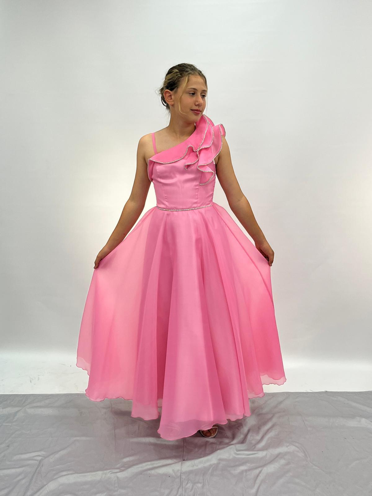 Kız Çocuk Abiye Pembe Uzun Tül Omuz Detaylı Abiye Elbise 10-15 Yaş