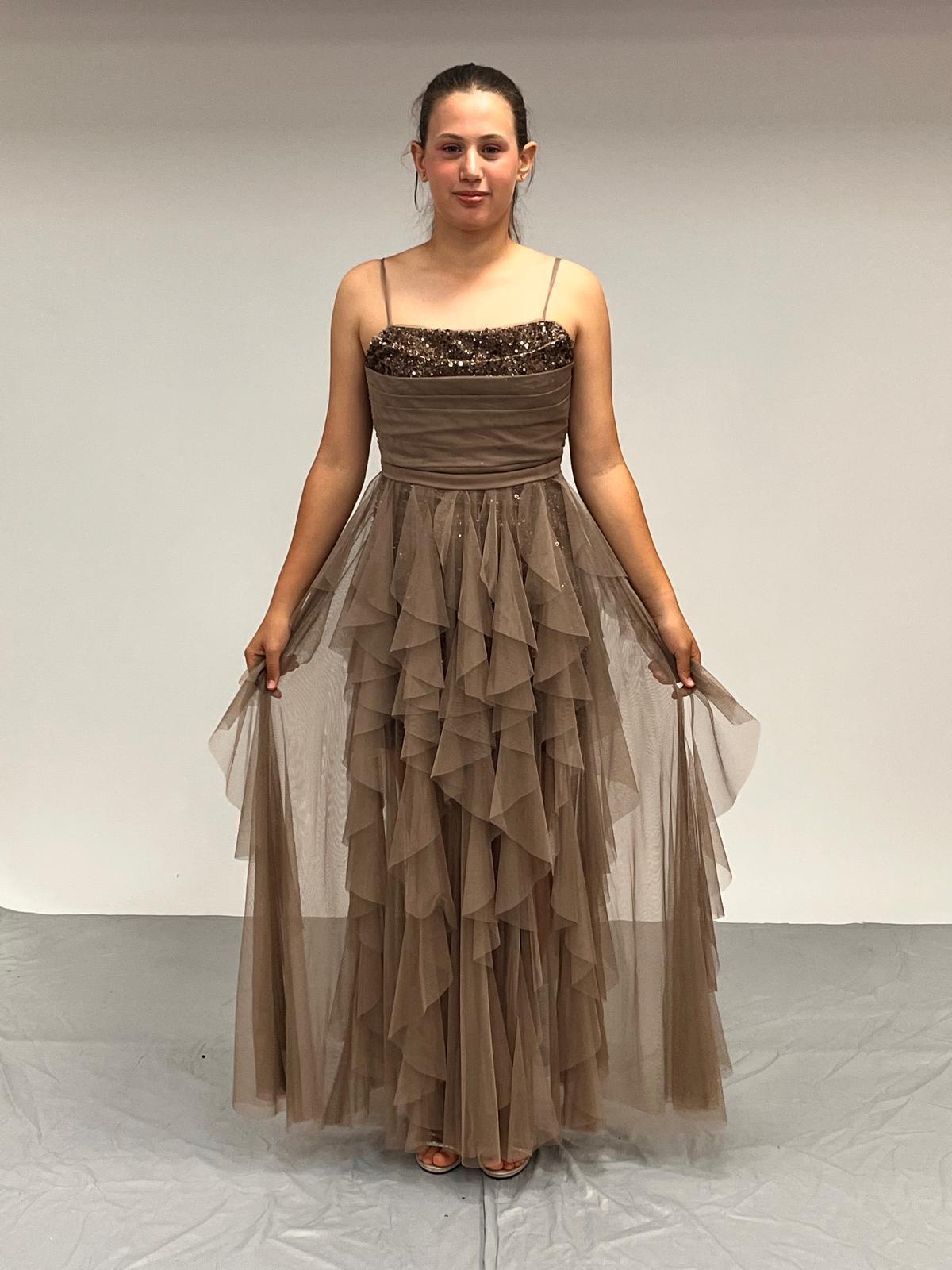 Kız Çocuk Abiye Bronz Kısa Mini Pul Payet İşlemeli Tülden Kat Kat Dalgalı Etekli  Abiye Elbise 10-14 Yaş