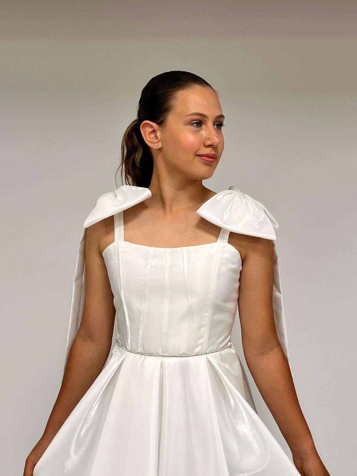 Kız Çocuk Abiye Askılı Krem Parlak Kumaş Kısa Askısı Kurdela Detaylı Abiye Elbise 10-15 Yaş