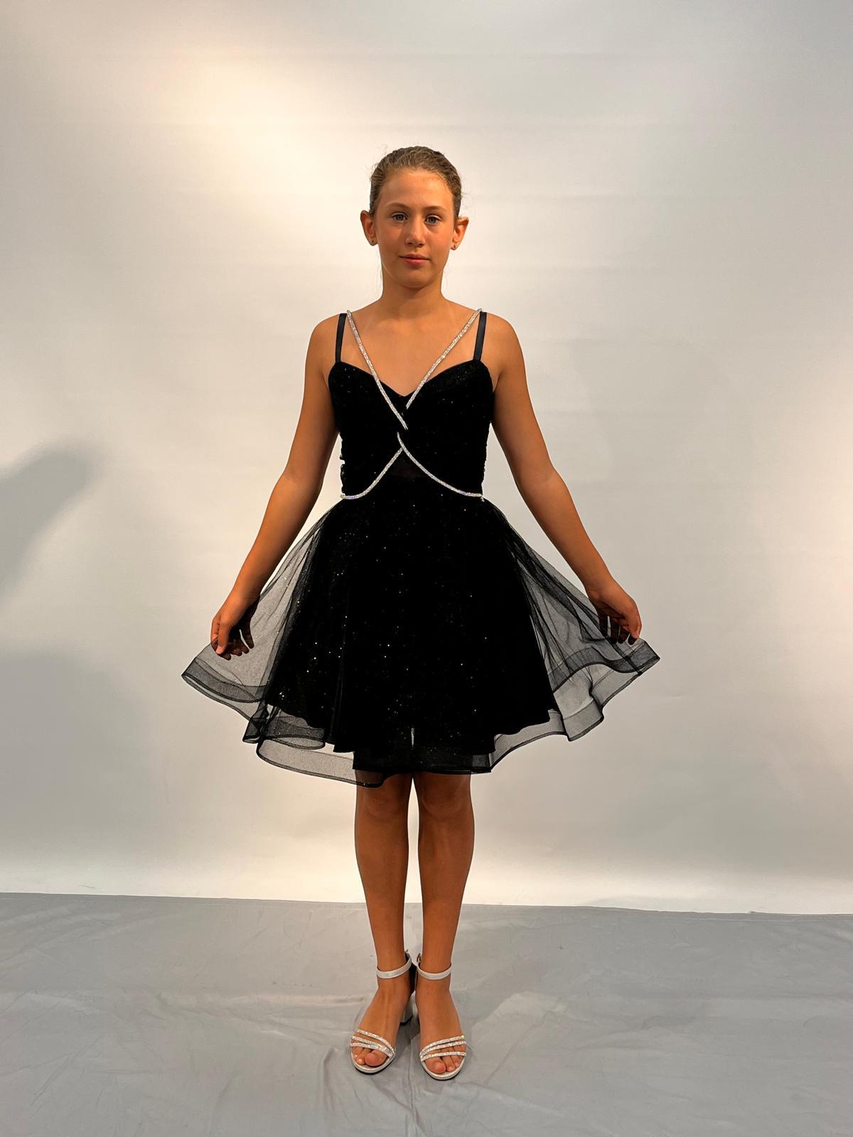 Kız Çocuk Abiye Siyah Askılı Kısa Simli Göğsü Kordon Detaylı Abiye Elbise 10-15 Yaş