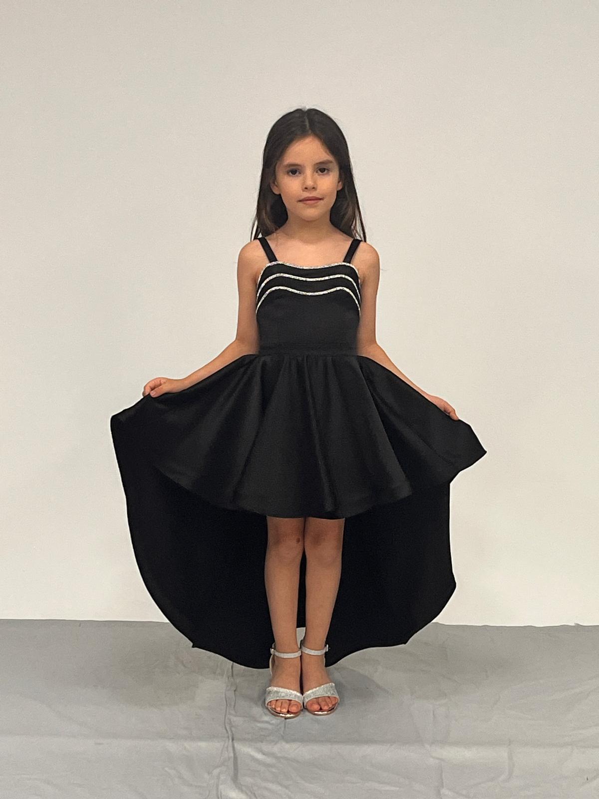 Kız Çocuk Abiye Siyah Saten Kuyruklu Yaka Şerit Taşlı  Abiye Elbise 5-10 yaşYaş